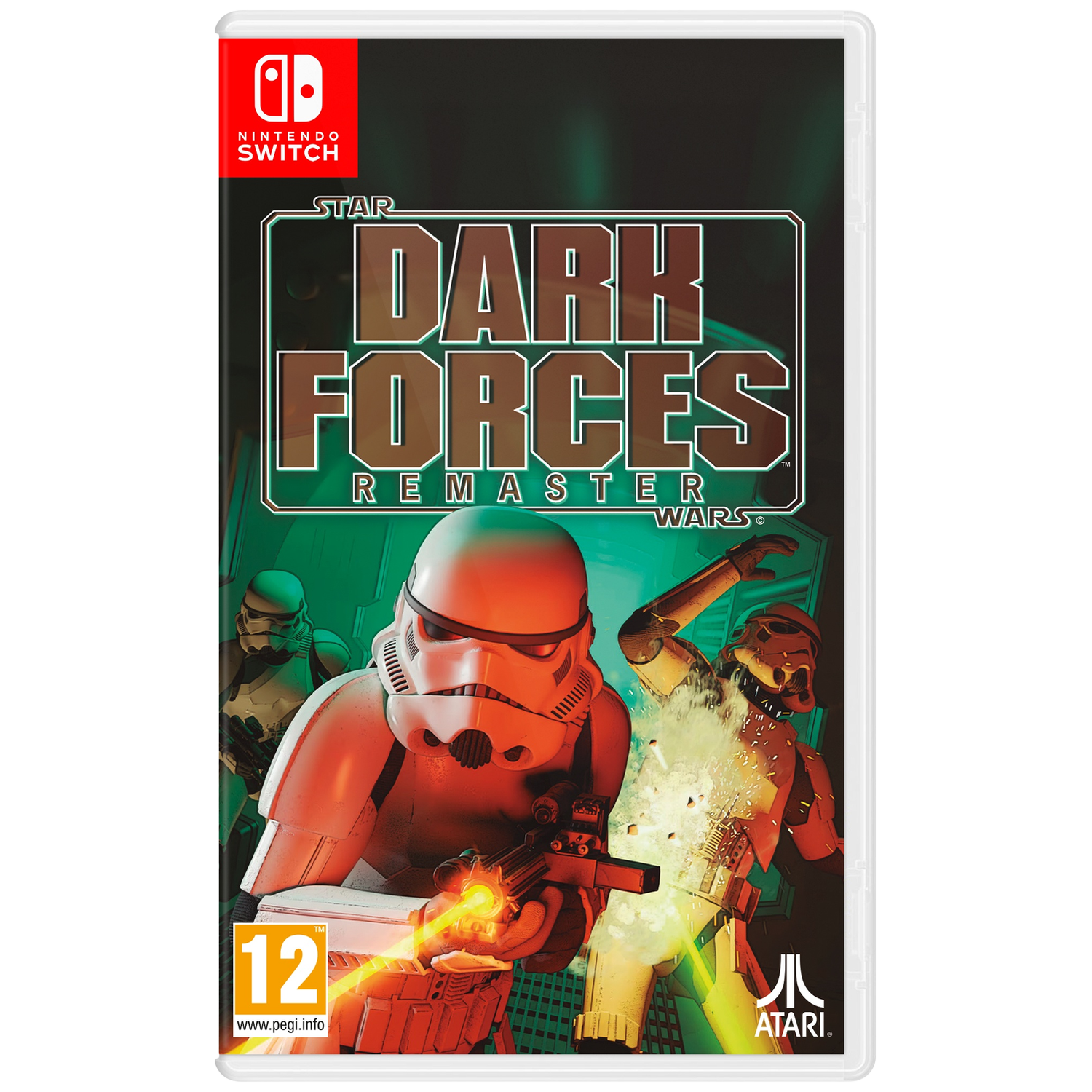 Nintendo Switch game cover. Star Wars: Dark Forces Remastered. Stormtroopers die blasters afvuren. Classificatie 12. Atari logo.