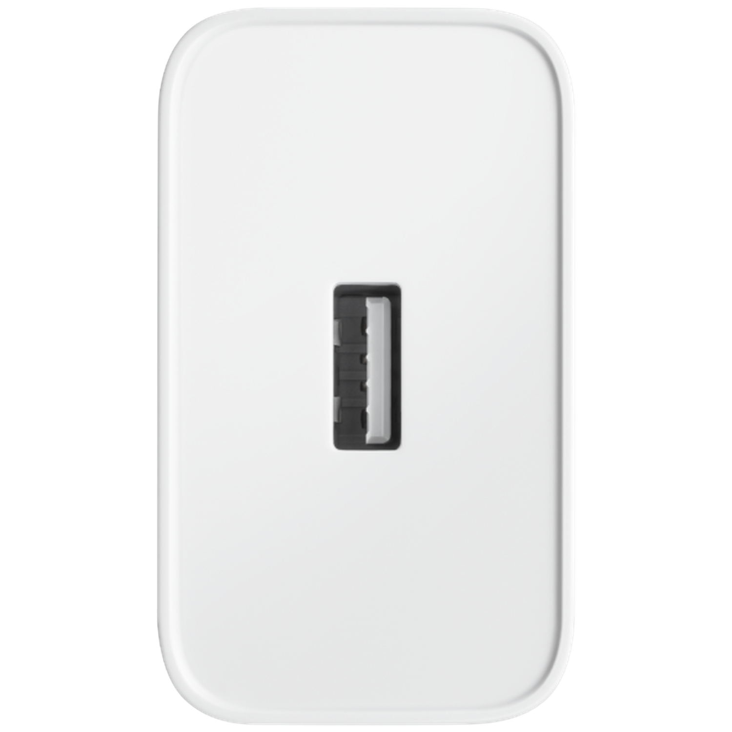 A white rectangular USB charger with rounded corners. It has a USB port in the center. The background is plain white.