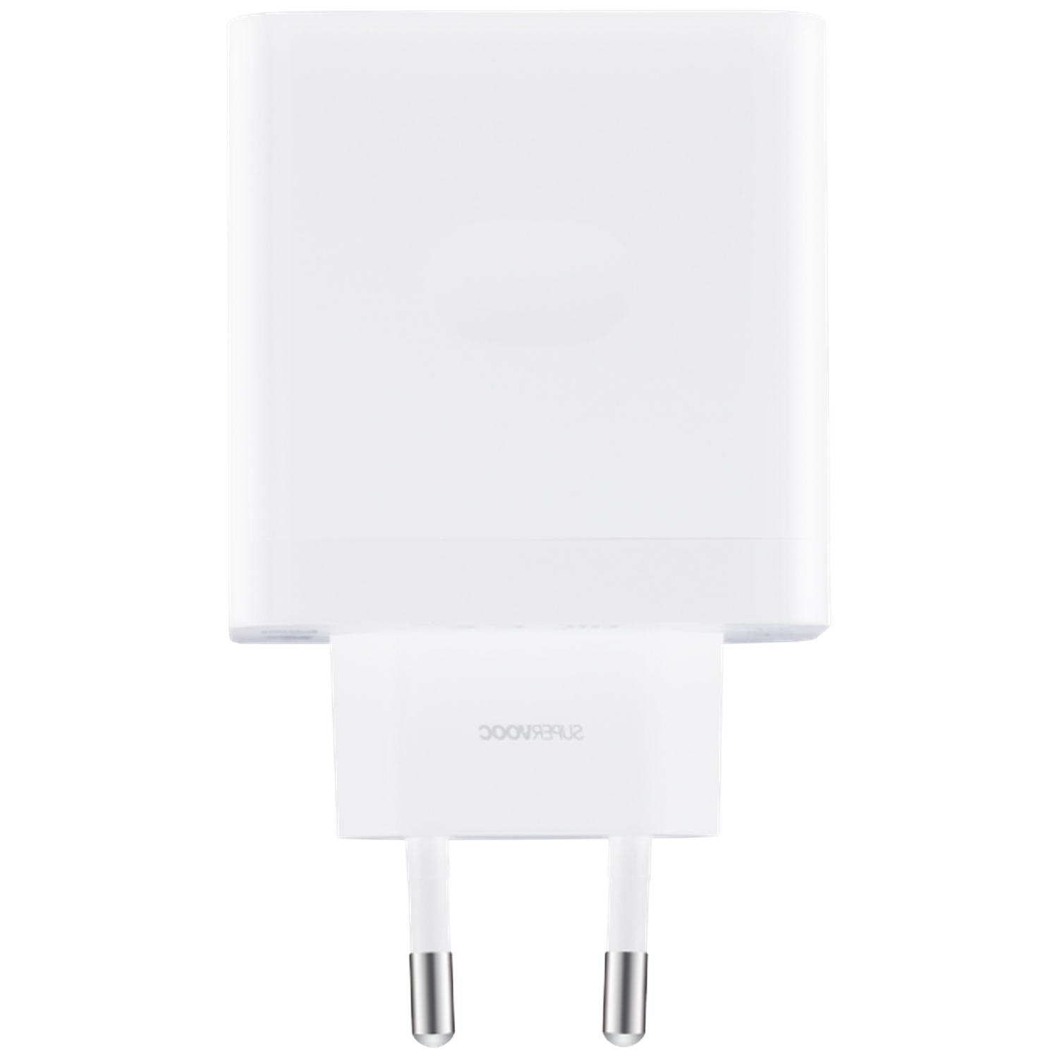 A white phone charger with two prongs. The charger has a rectangular body and a smaller rectangular plug with the word 'SUPERVOOC' on it.