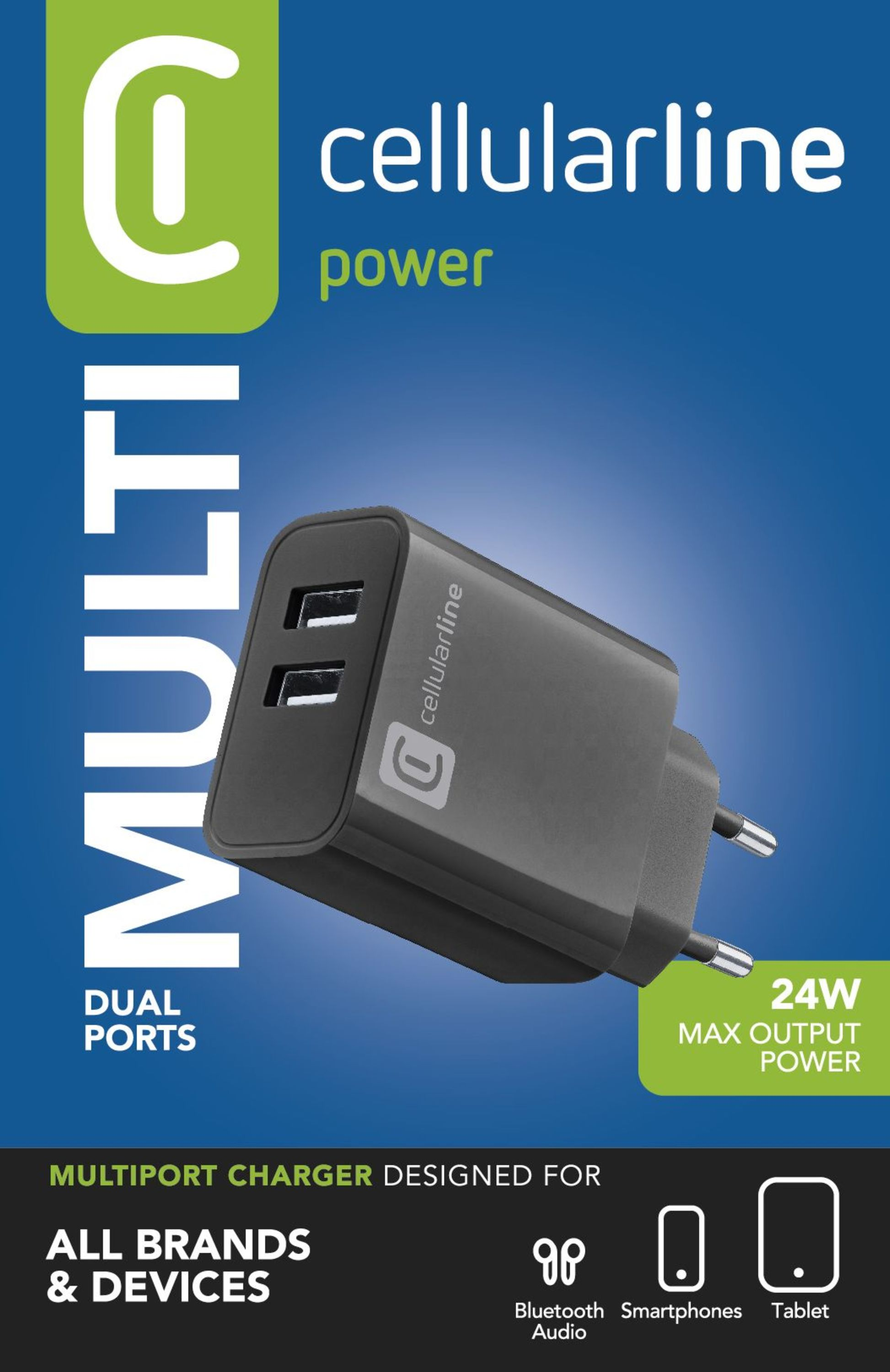 Ein schwarzes Cellularline-Multiport-Ladegerät mit zwei Anschlüssen, 24 W Leistung, für mehrere Marken und Geräte.