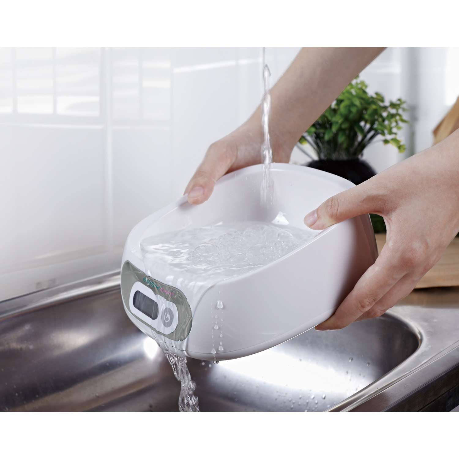Hands hold a white bowl filling with water over a sink. Water streams from a faucet into the bowl. A plant is in the background.