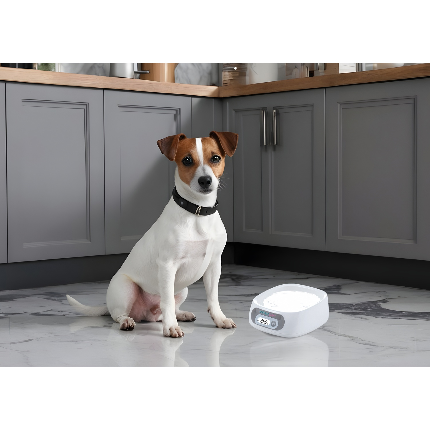 A white and brown dog with a black collar sits on a marble floor near a white pet water bowl in a kitchen.
