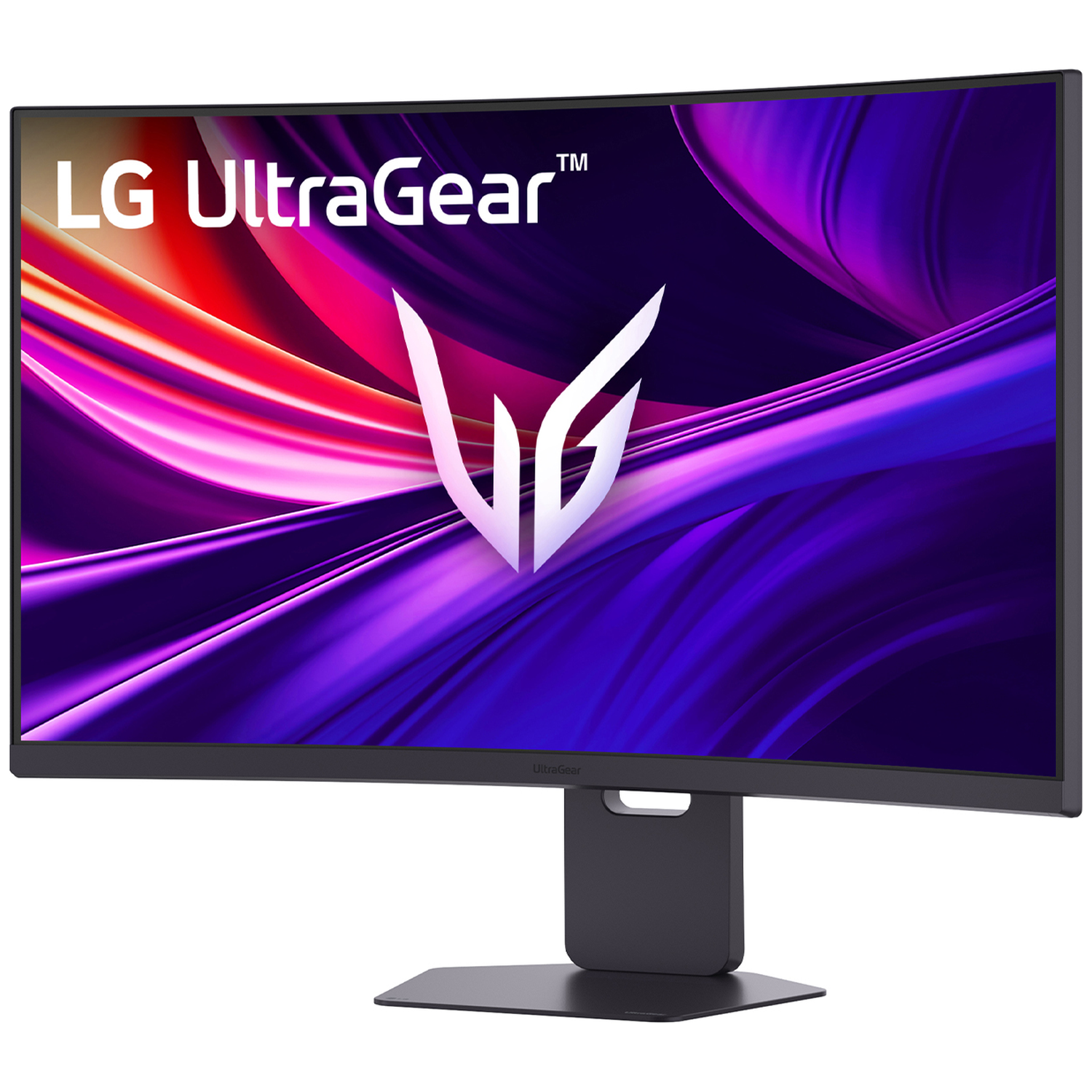 Curved LG UltraGear monitor. Display shows abstract purple and red shapes. The monitor has a black stand and bezel. Logo at top.