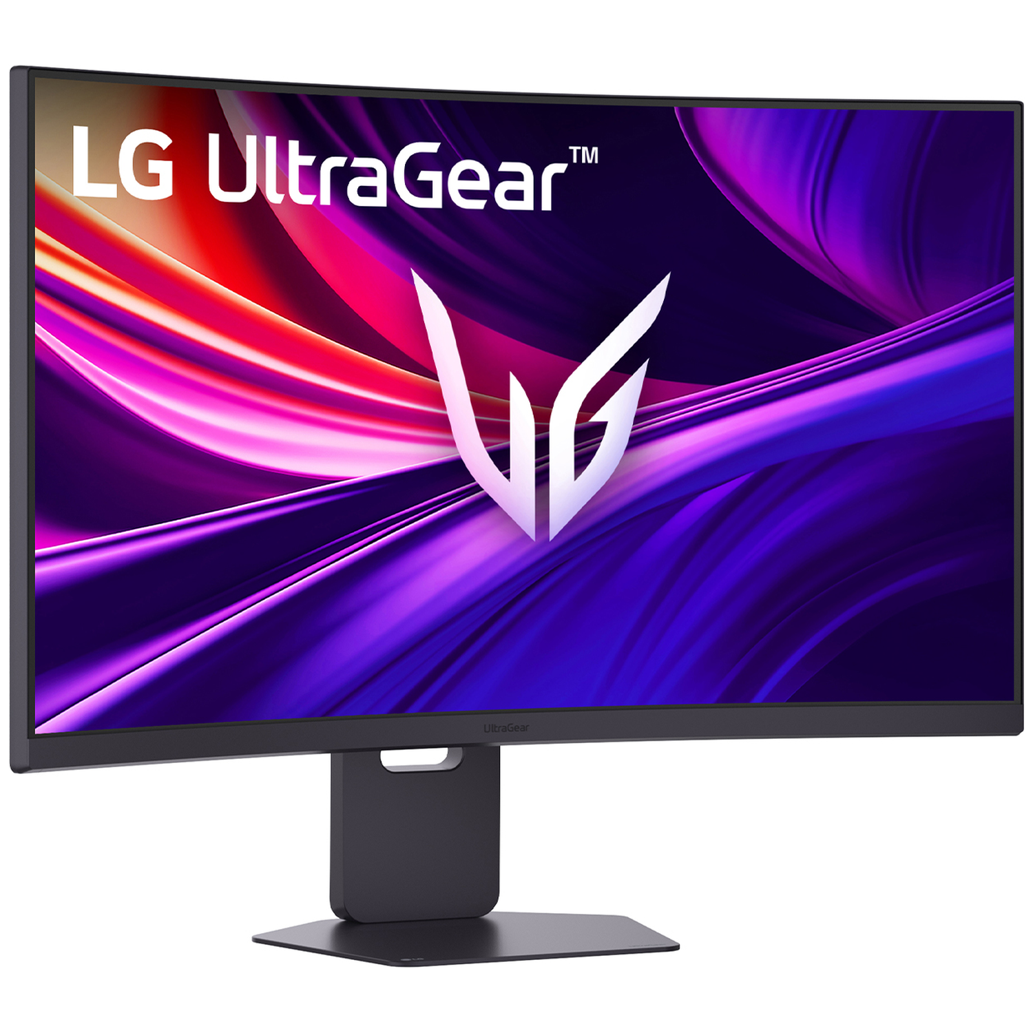 Curved LG UltraGear monitor. Display features a vibrant abstract background of purple, red and white. Black stand and base are visible.