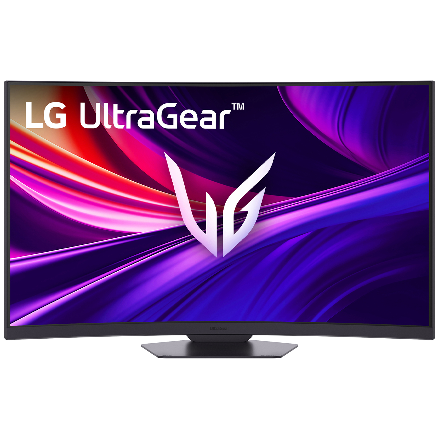 Curved LG UltraGear monitor. Display shows a purple, pink, and white abstract design. The monitor has a black frame and stand.