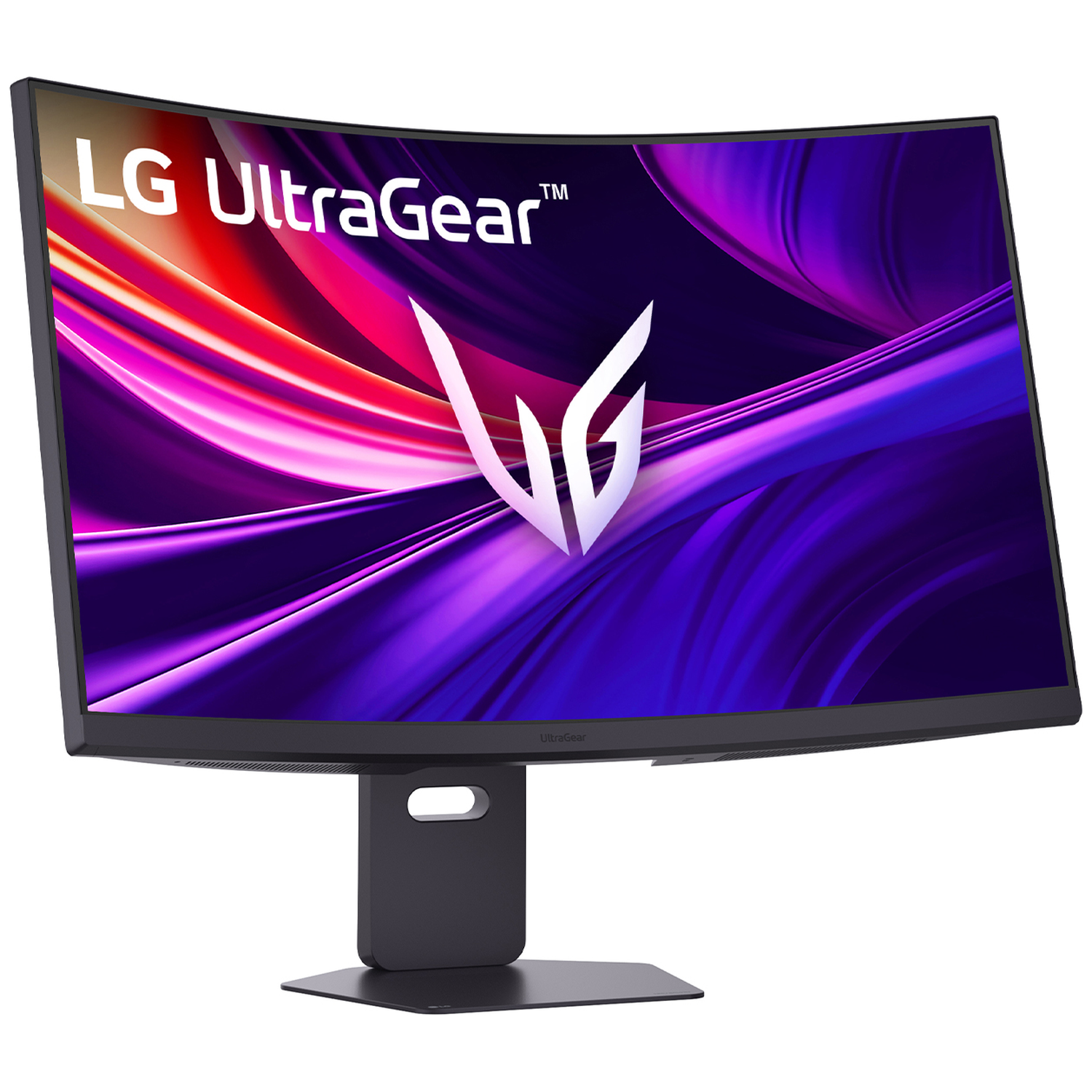 Curved LG UltraGear monitor. Screen shows purple and red abstract art. Monitor is black with a black stand.