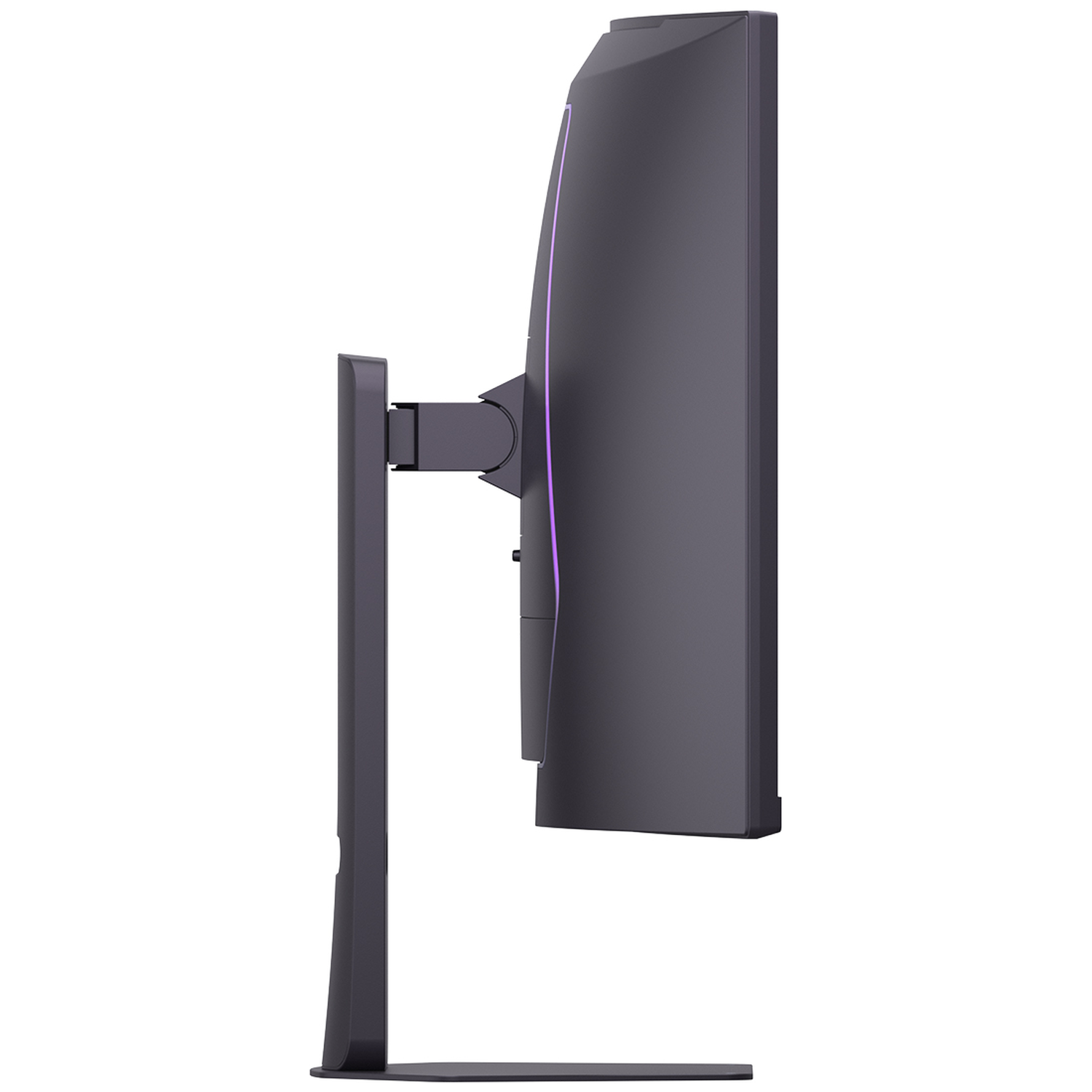 Side view of a dark gray monitor with a purple light stripe. It's mounted on a stand, showcasing its slim profile and design.