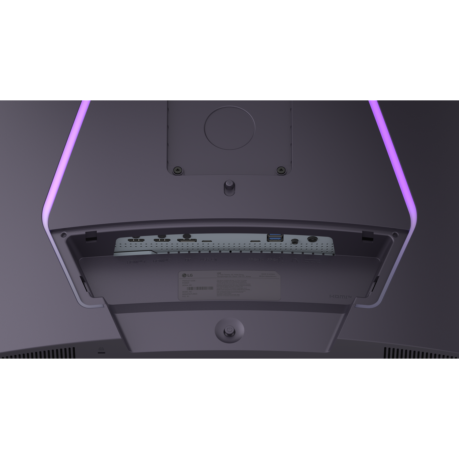 The back of an LG monitor is shown. It has various ports. The top and sides have purple neon lights. There is an HDMI port.