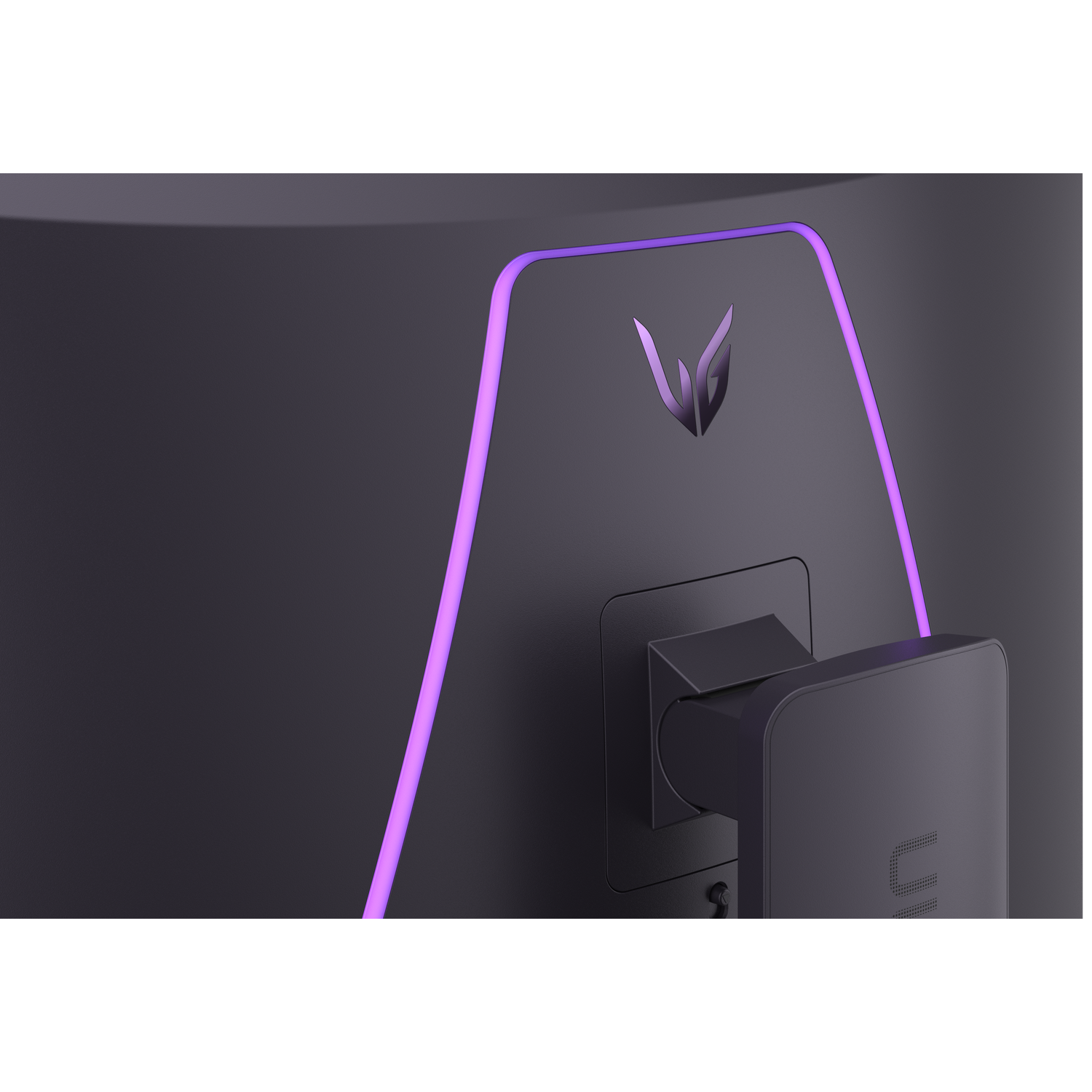 Close-up of a monitor's back. Black, with a purple light strip and logo. A stand and ports are visible.
