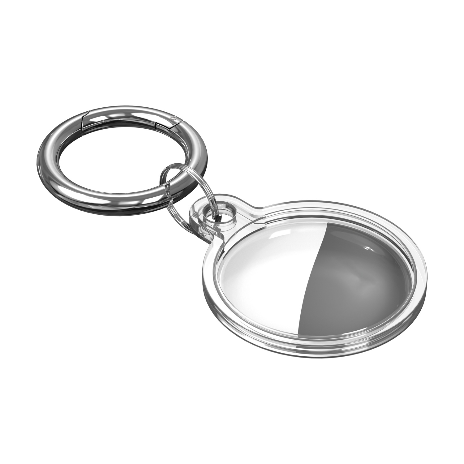 Un portachiavi argentato con chiusura rotonda e un tag ovale trasparente con interno bicolore grigio e bianco, isolato su bianco.