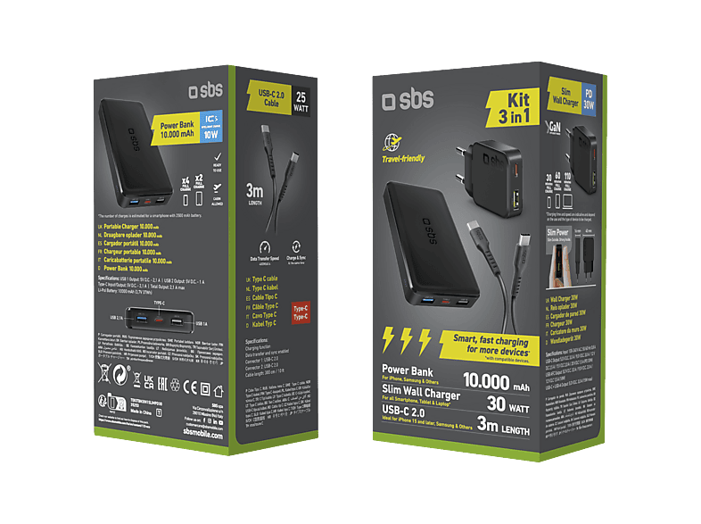 Kit de charge 3-en-1 Sbs : Chargeur ultra-plat 30W, câble USB-C 3m, batterie externe 10 000 mAh