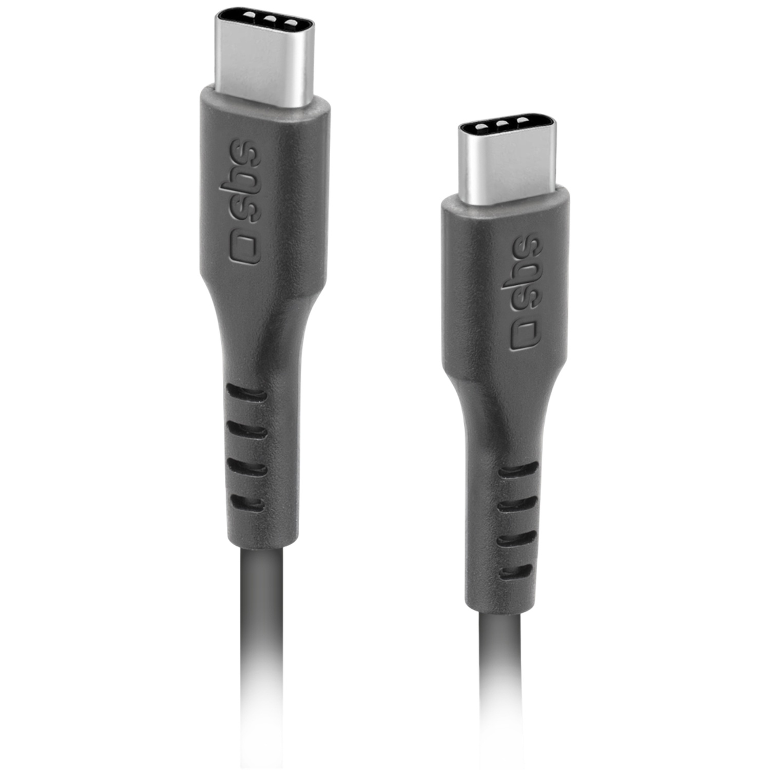 Deux câbles USB-C noirs et gris sont présentés. Les connecteurs sont argentés, et les câbles ont le logo 'sbs'.