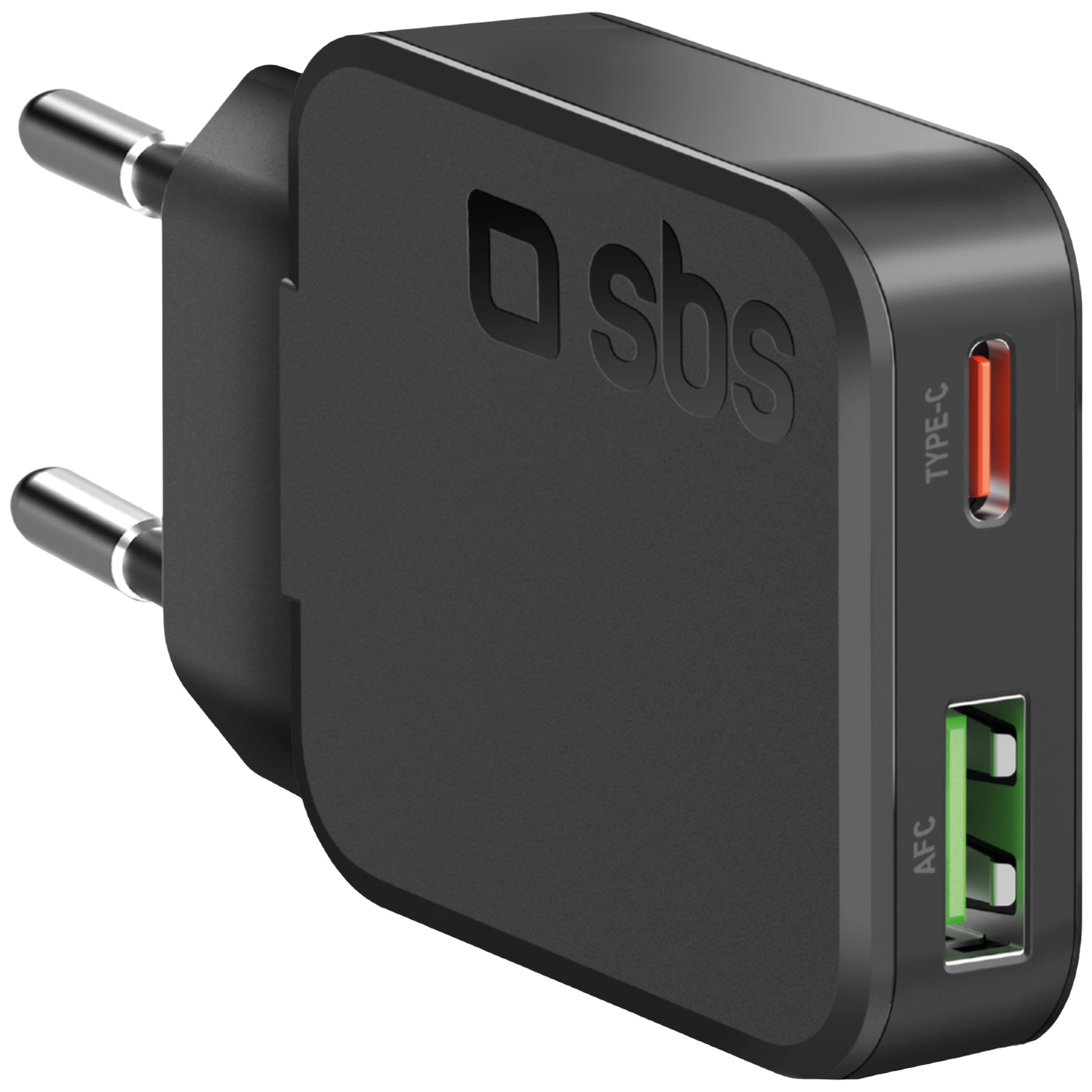 Chargeur SBS noir avec broches argentées. Il possède des ports Type-C et AFC. Le port Type-C est rouge, le port AFC est vert.