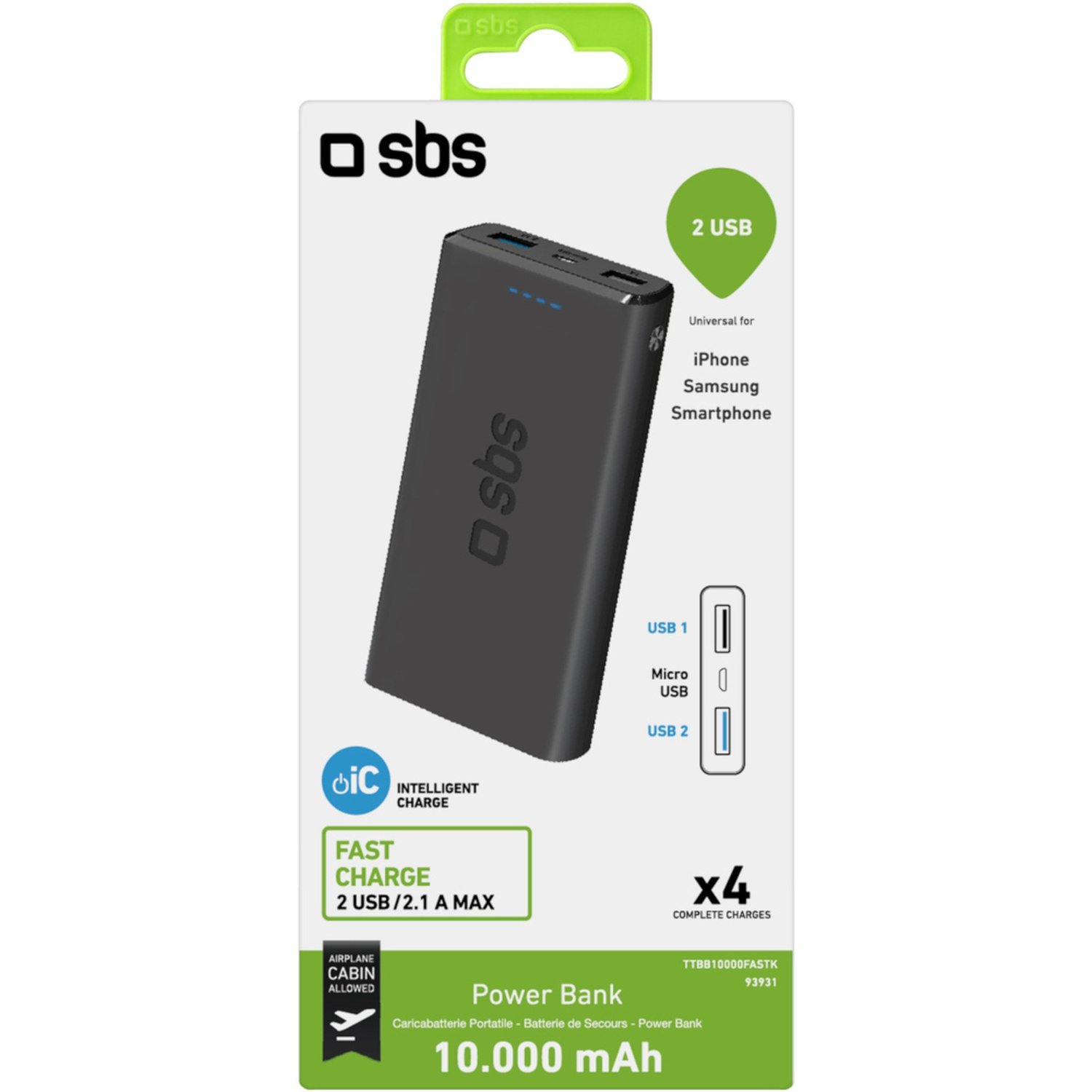 Un emballage noir de batterie externe SBS. Il dispose de 2 ports USB, d'une charge rapide et est autorisé en cabine d'avion. Capacité : 10 000 mAh.