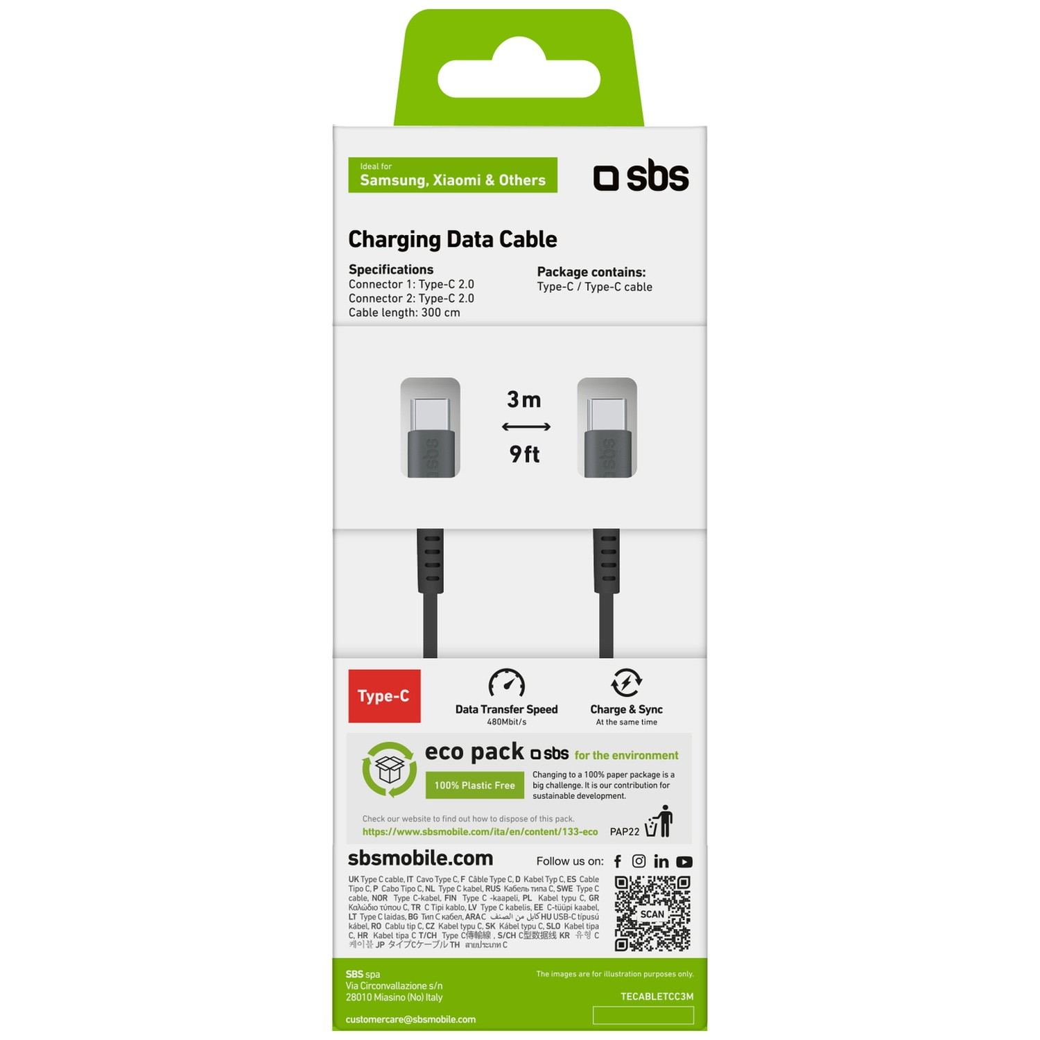 Emballage pour un câble de données de charge. Le texte comprend les spécifications et le logo sbs. Montre un câble Type-C.