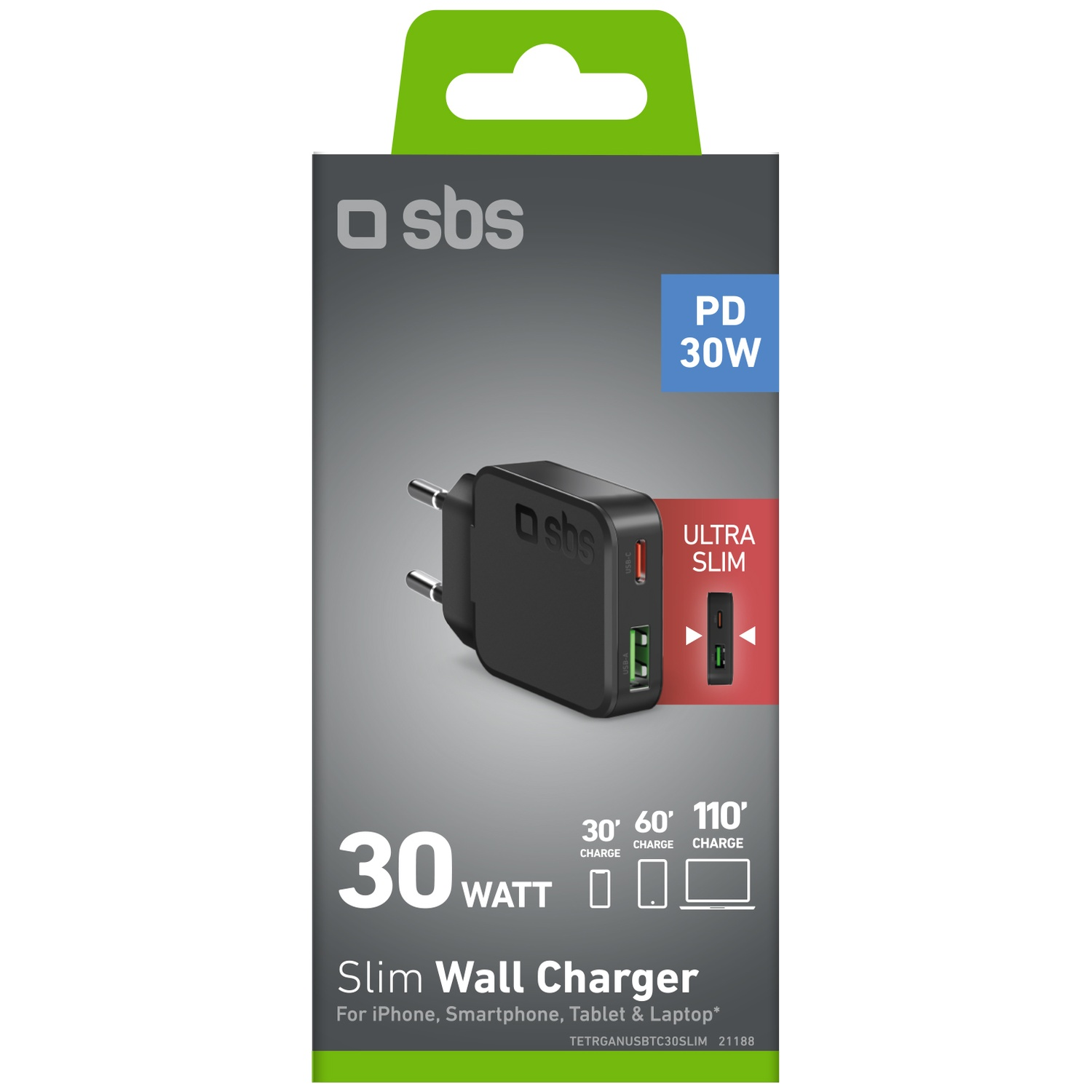 Un chargeur mural fin noir de SBS sur une boîte. C'est un chargeur 30W pour iPhone, smartphone, tablette et ordinateur portable.