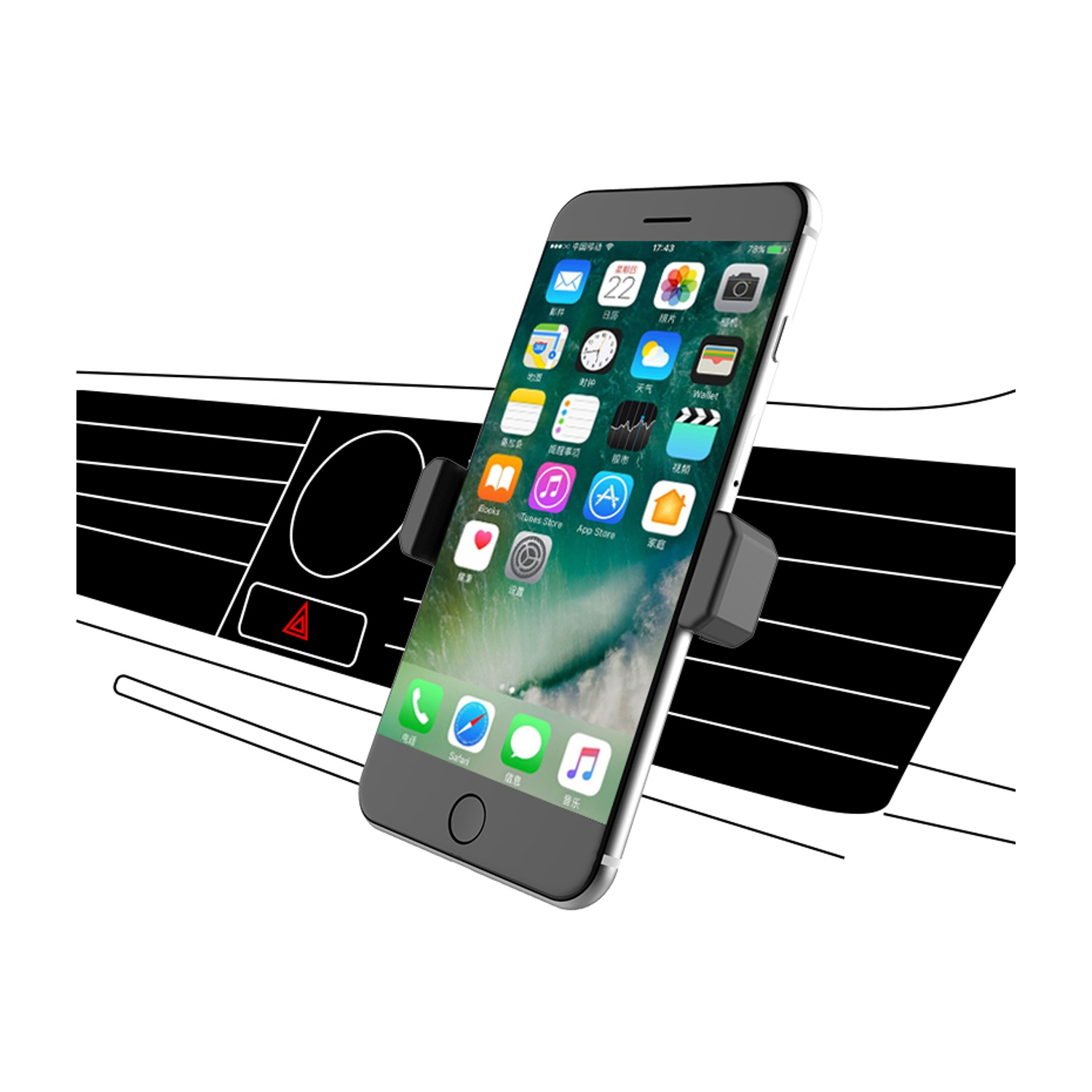 Uno smartphone, che mostra le icone delle app, è montato in un'auto. Il telefono è grigio e si trova su un cruscotto nero.