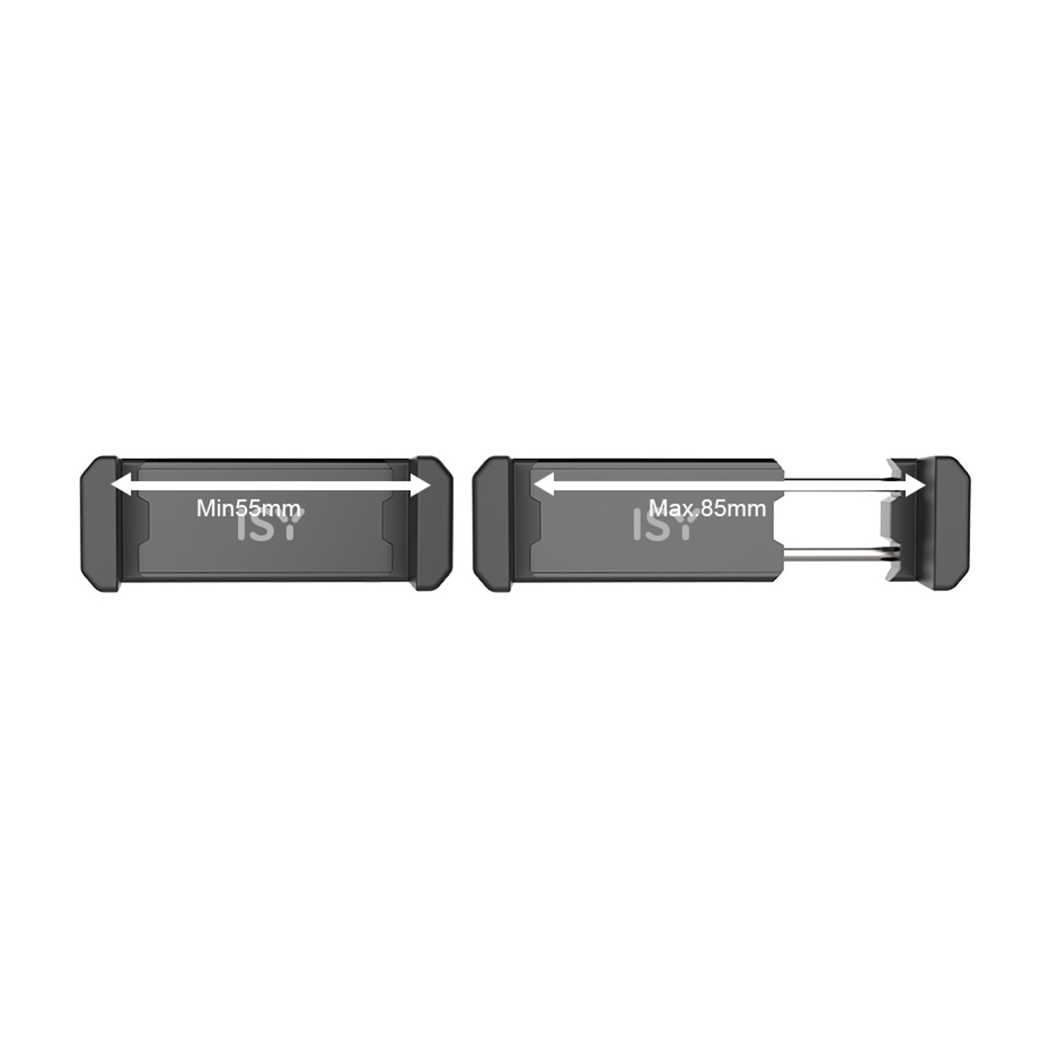 Due supporti grigi per telefono con misure. Uno mostra Min55mm, l'altro Max 85mm. Sfondo bianco, frecce indicano la larghezza.
