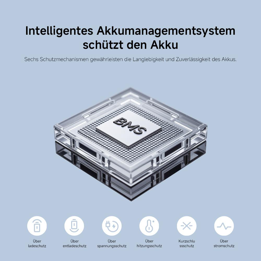 Eine transparente elektronische Komponente mit der Aufschrift 'BMS'. Darunter Symbole für Schutzmechanismen wie Überladung und Kurzschluss.