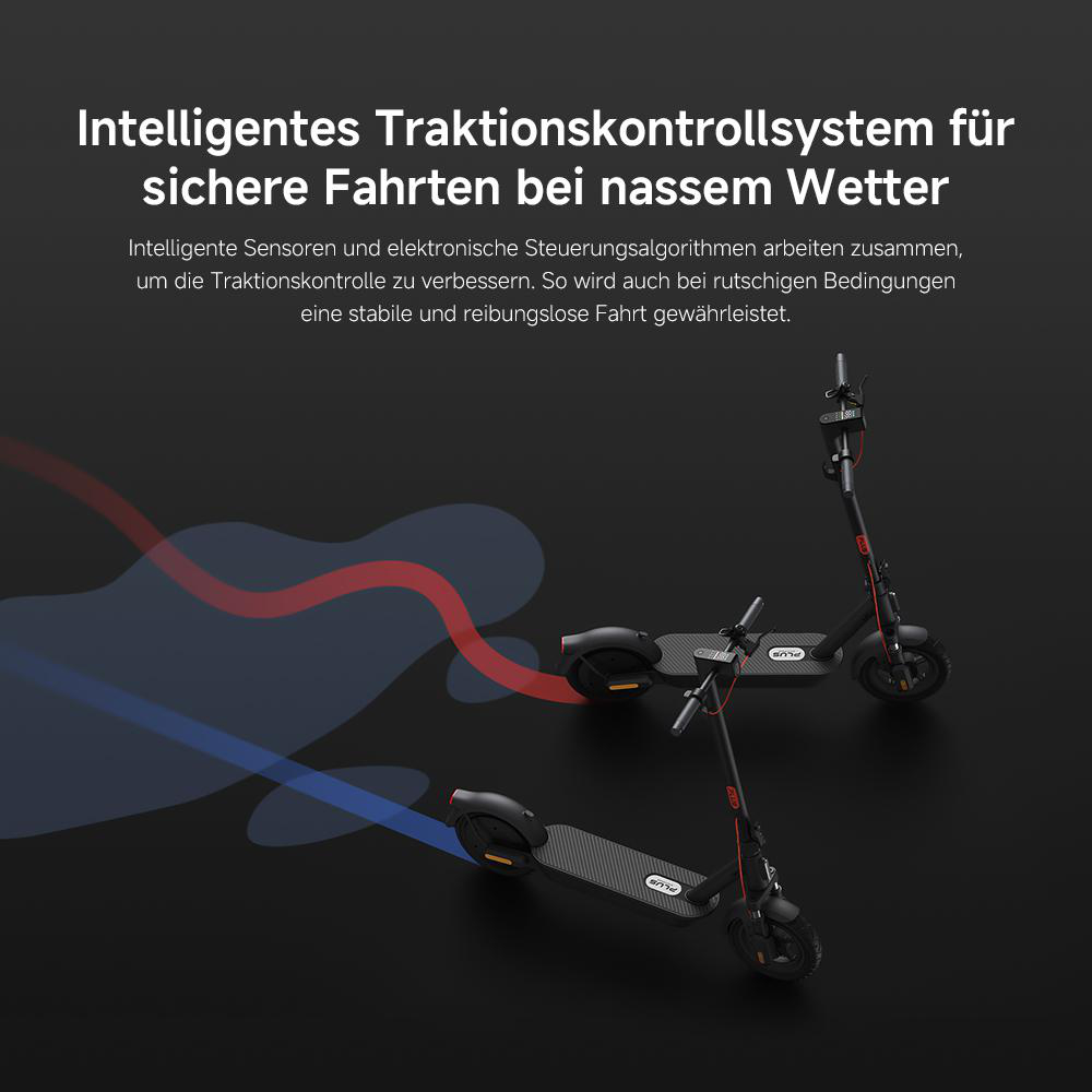 Zwei Elektroroller auf schwarzem Hintergrund. Rote und blaue Linien suggerieren Bewegung. Text oben beschreibt die Traktionskontrolle.