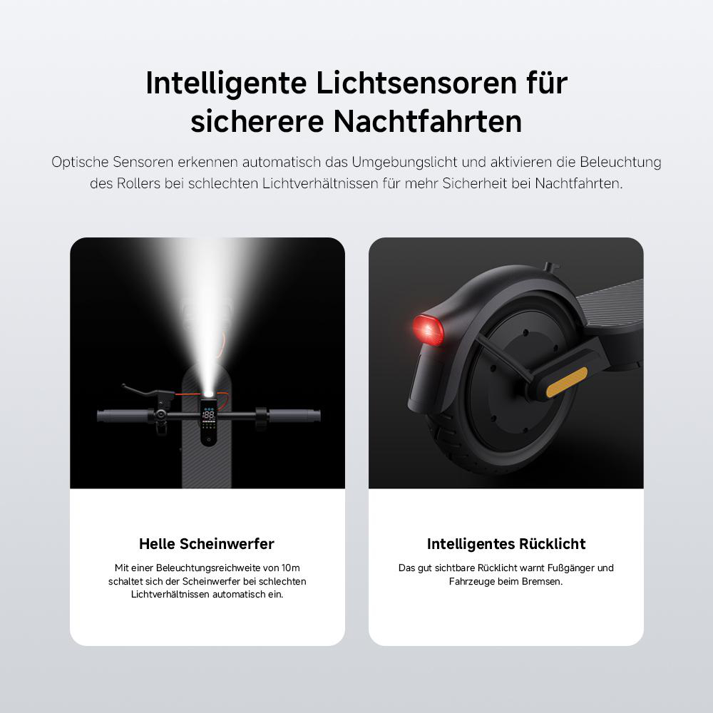 Das Bild zeigt einen Roller mit hellem Scheinwerfer links und rotem Rücklicht rechts, was Sicherheitsmerkmale hervorhebt.