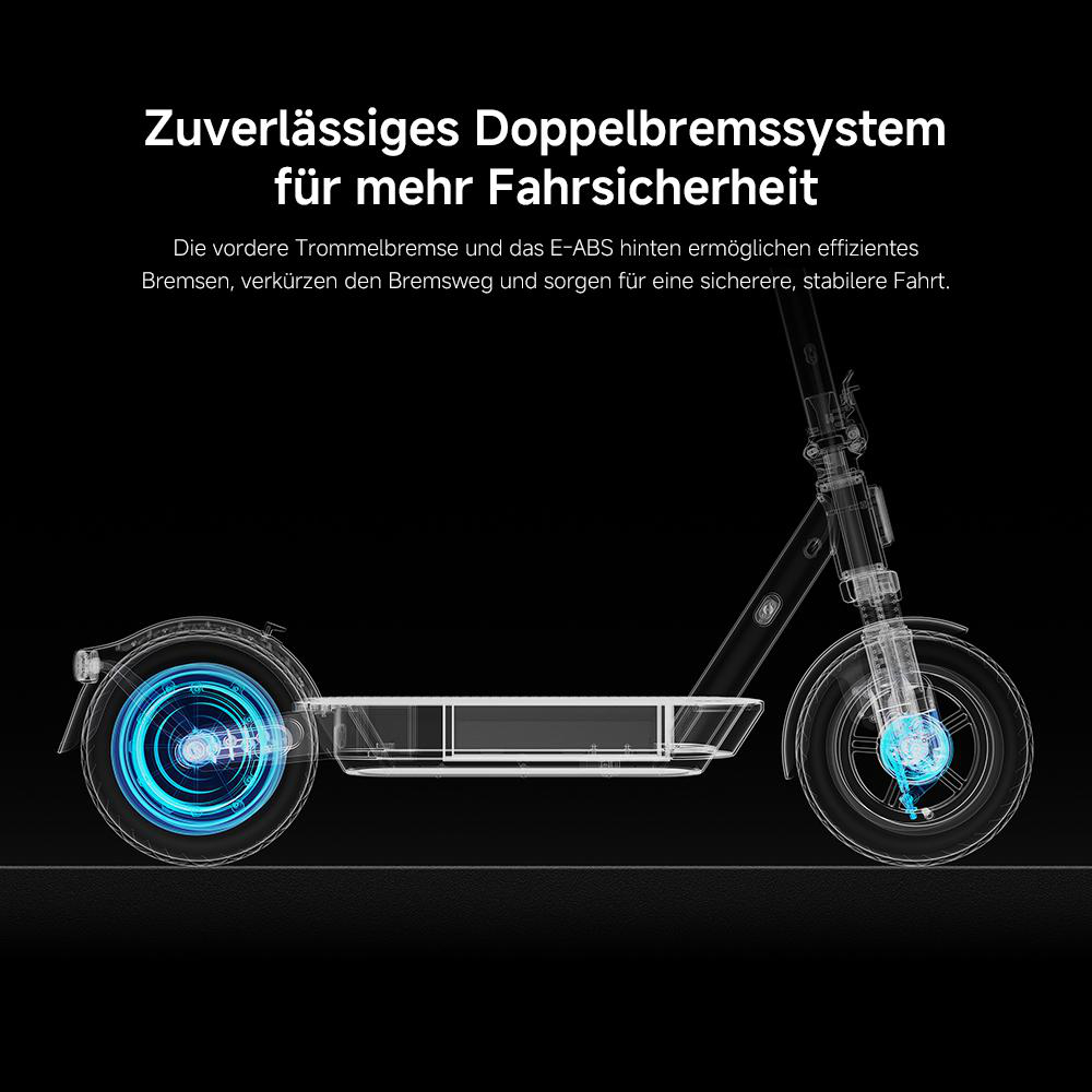 Eine Illustration zeigt einen Elektroroller. Das Bild hebt das Bremssystem mit blauen Lichteffekten an den Rädern hervor.