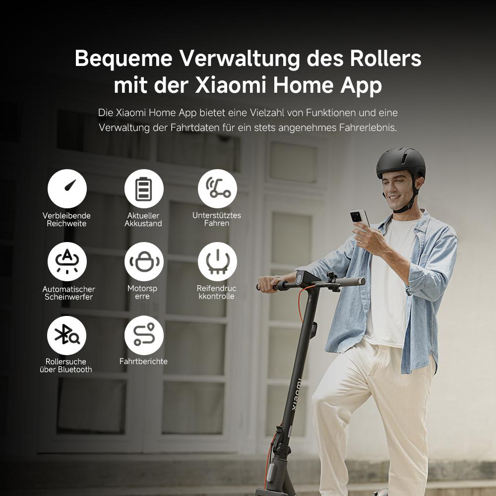 Ein Mann mit Helm hält ein Telefon neben einem Roller. Text und Symbole erklären Rollerfunktionen wie Batterie, Licht und Bluetooth.