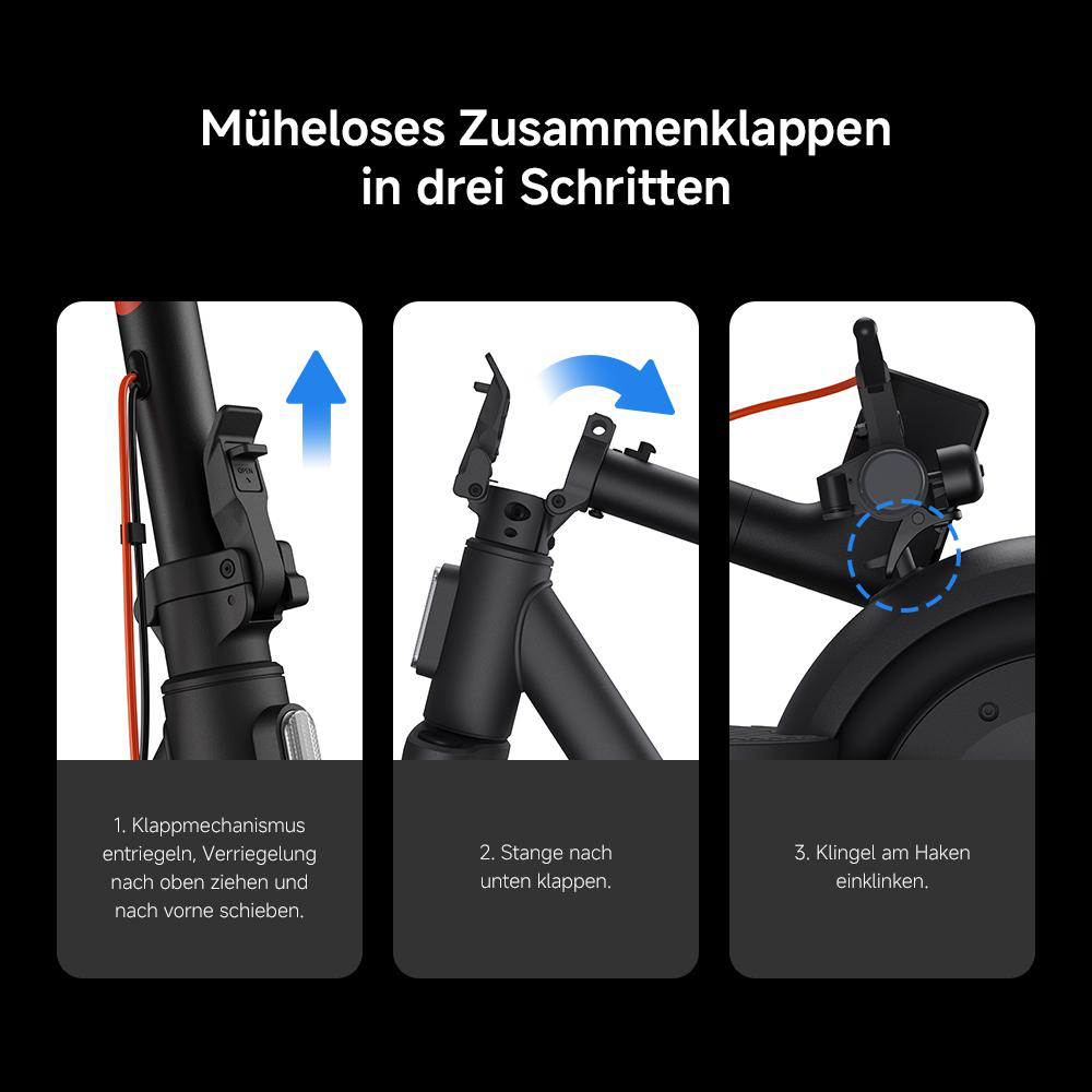 Anleitung zum Zusammenklappen eines E-Scooters: Entriegeln, den Vorbau herunterklappen und die Glocke einhaken.