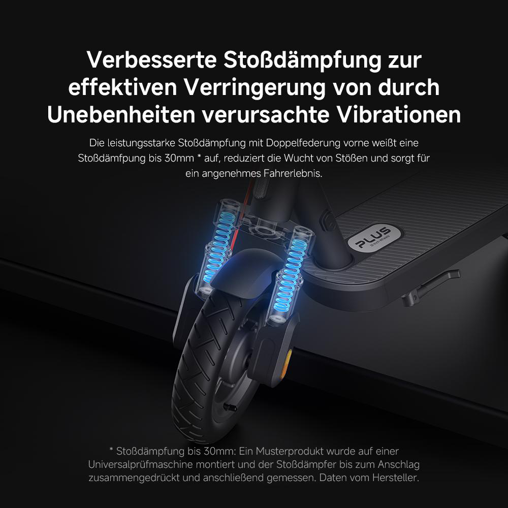 Nahaufnahme des Vorderrads eines Elektrorollers mit blauen Federbeinen. Text über Stoßdämpfung im Hintergrund.