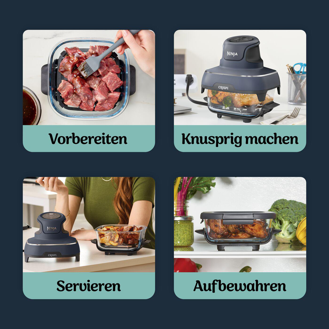 Vier Bilder zeigen Schritte: Fleisch zubereiten, Luftbraten, Essen servieren und Essen in einem Glasbehälter mit einem Ninja-Gerät lagern.