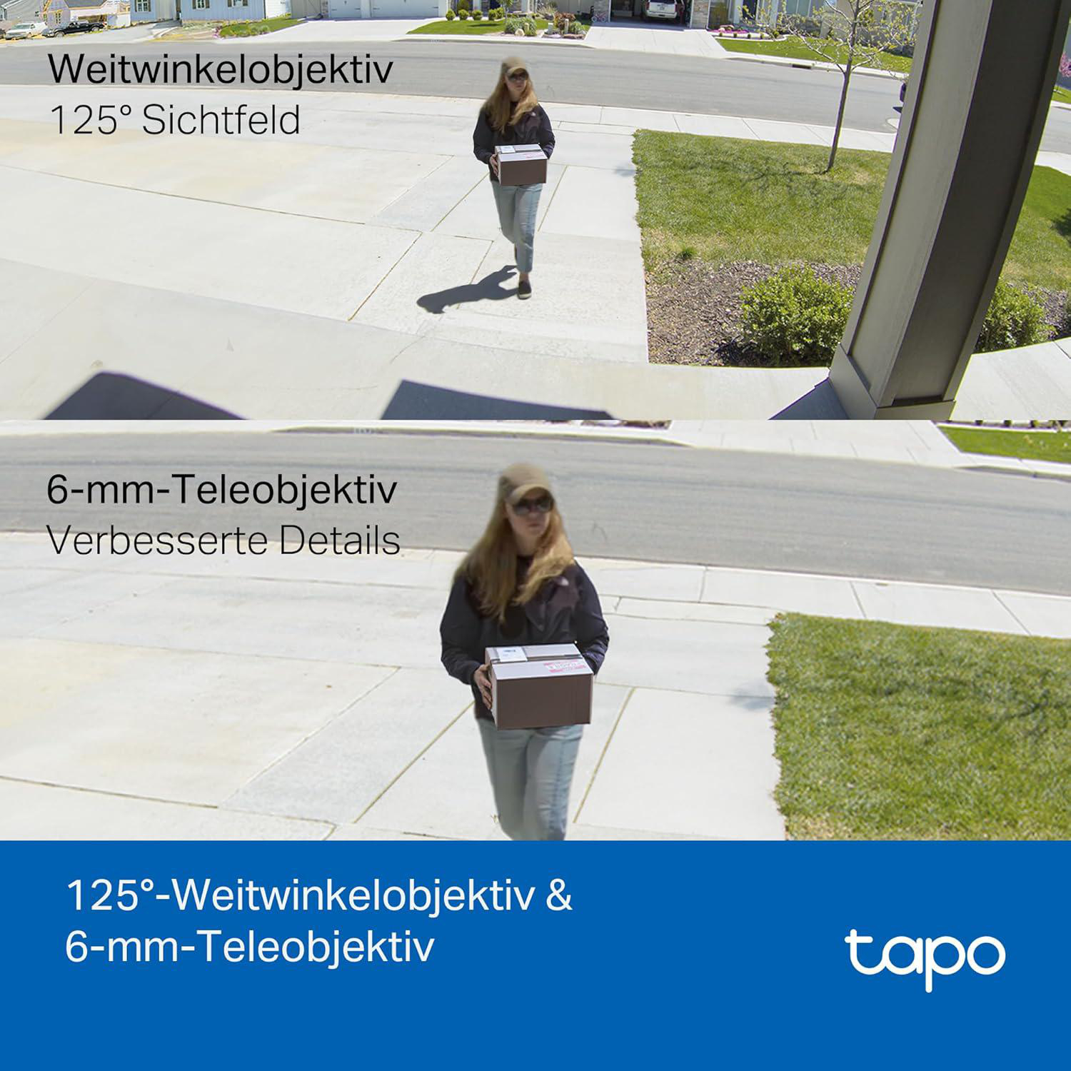 Eine Person geht auf einem Gehweg und hält einen Karton. Häuser und eine Straße sind im Hintergrund.