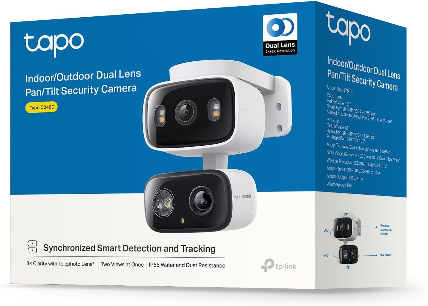 Eine Tapo-Überwachungskamera-Box. Sie zeigt den Gerätenamen, Dual Lens und Spezifikationen mit Bildern der Kamera.
