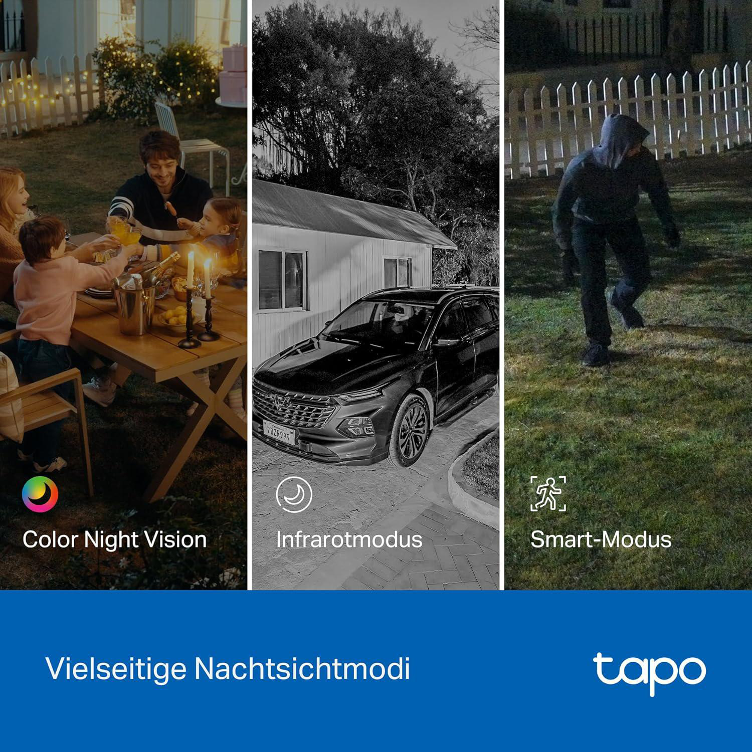 Das Bild zeigt drei Nachtsichtmodi: Farbe, Infrarot und Smart-Modus. Menschen sitzen am Tisch, Auto in Garage und Person geht.