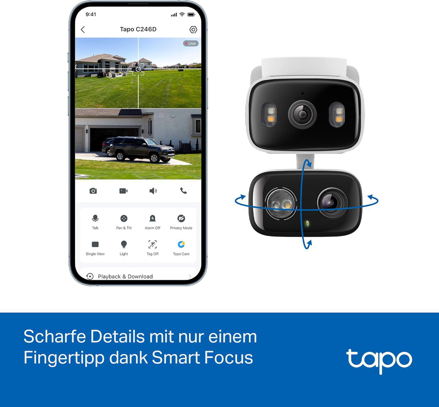 Ein Smartphone-Bildschirm zeigt eine Live-Ansicht einer Überwachungskamera. Ein schwarzer SUV parkt in einer Einfahrt. Die Kamera steht auf weißem Untergrund.