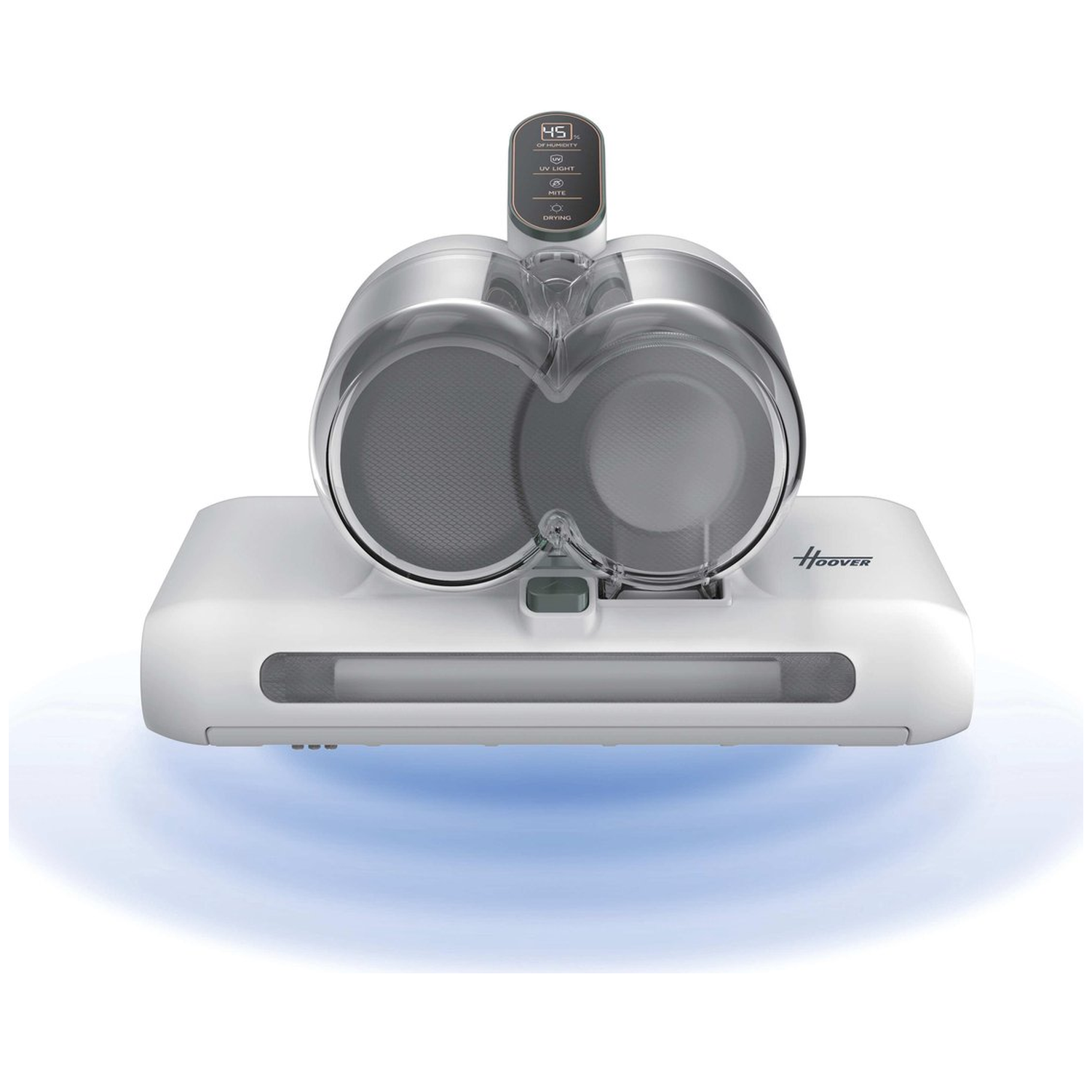 A white Hoover vacuum cleaner. It has a digital display, transparent dust containers, and a blue underglow.