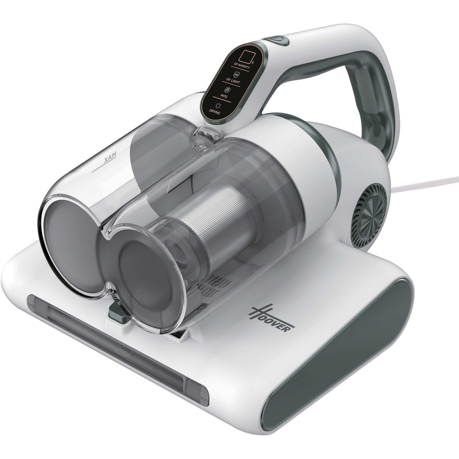 A white and gray Hoover vacuum cleaner. It has a handle, a dustbin, and control buttons. The base is white with the Hoover logo.