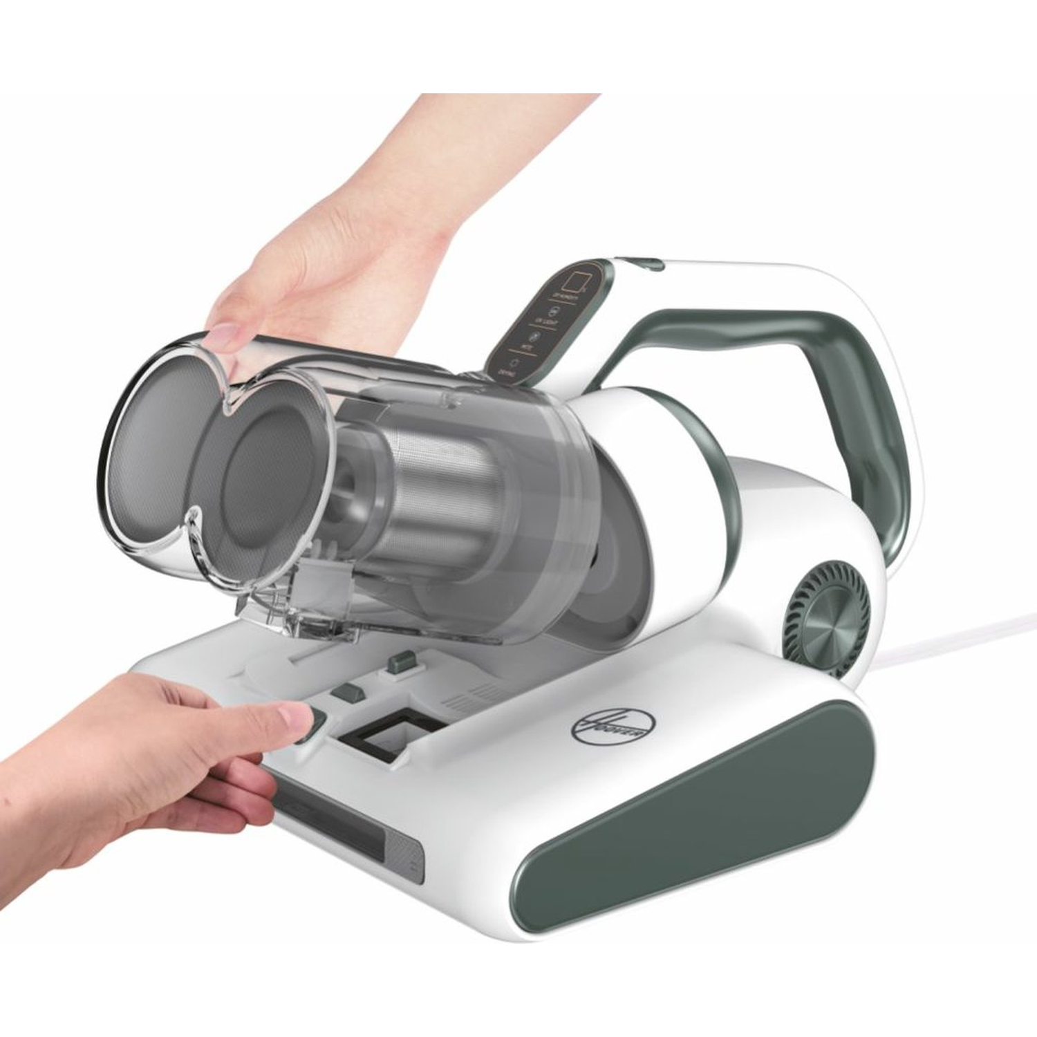 A white and gray cordless vacuum cleaner is shown, being held by two hands. One hand is opening the dust container.