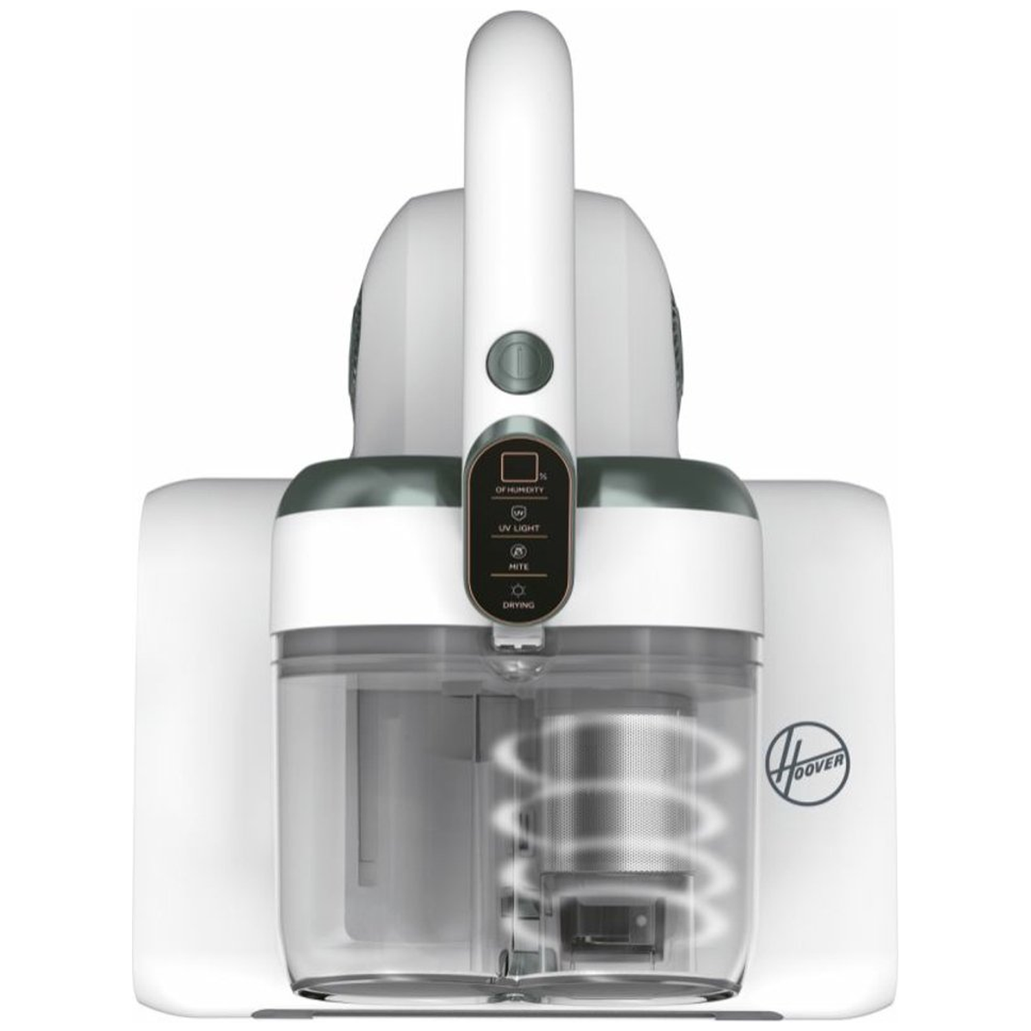 White and gray Hoover vacuum cleaner. It has a handle, clear dustbin with a filter, and control panel with buttons.