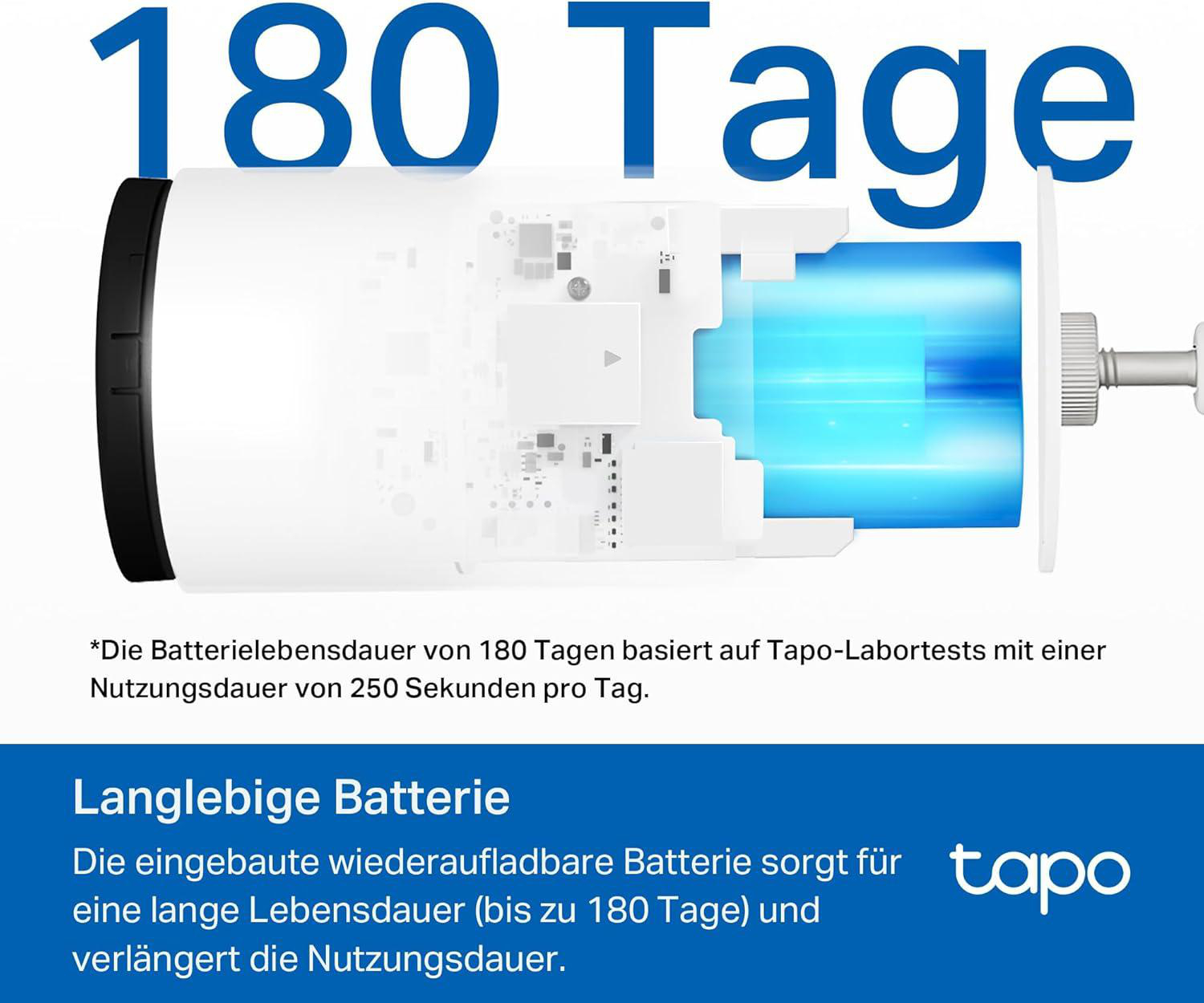 Das Bild zeigt ein Gerät mit blauem Licht. Der Text lautet 180 Tage, Langlebige Batterie und das tapo-Logo. Beschreibung: 180 Tage Akkulaufzeit.