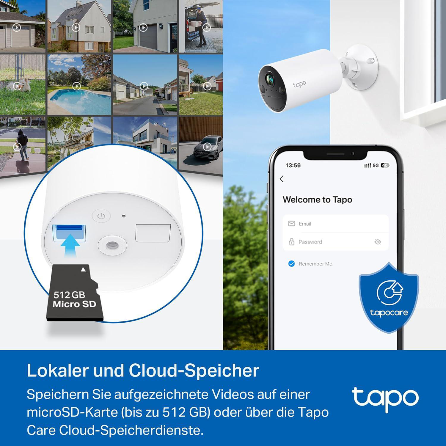 Eine weiße Tapo-Überwachungskamera, ein Telefon, das die Tapo-App anzeigt, und eine Micro-SD-Karte sind abgebildet. Häuser sind im Hintergrund.