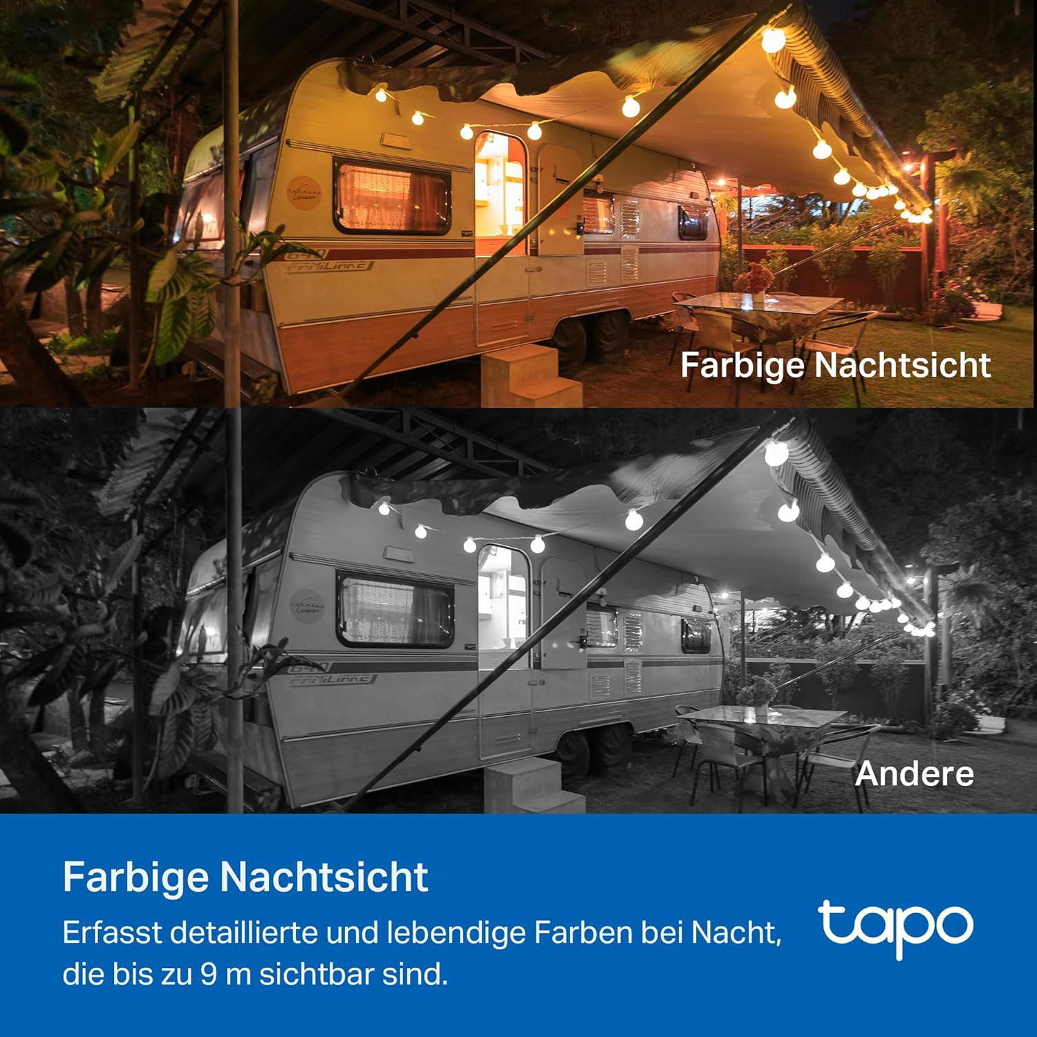 Ein Wohnwagen bei Nacht, beleuchtet von Lichterketten. Ein Tisch und Stühle sind aufgebaut. Das Bild hat eine Farb- und eine Schwarz-Weiß-Version.