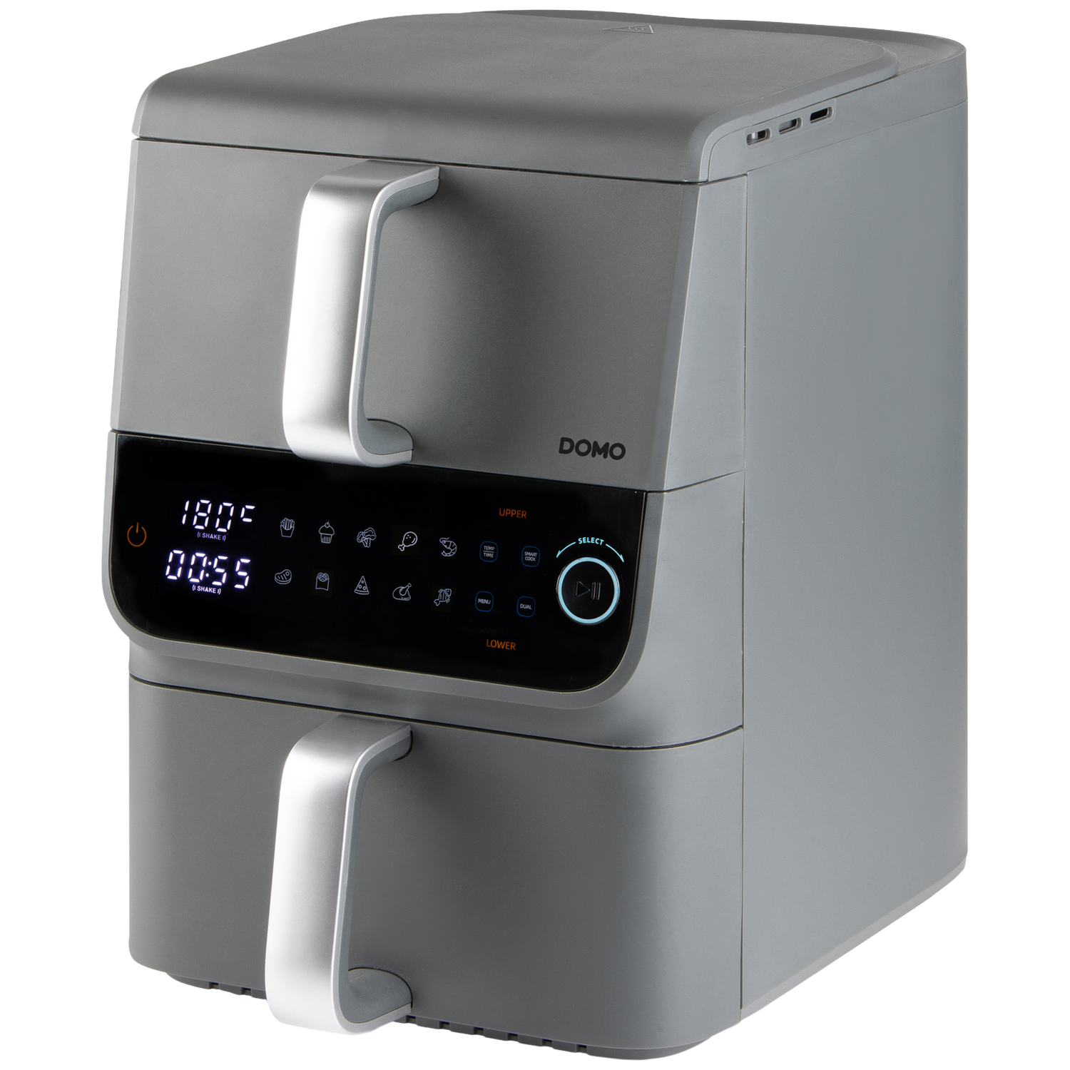 Un air fryer DOMO gris. Il a deux niveaux avec des poignées argentées. Le panneau de contrôle affiche des réglages comme la température et le temps.