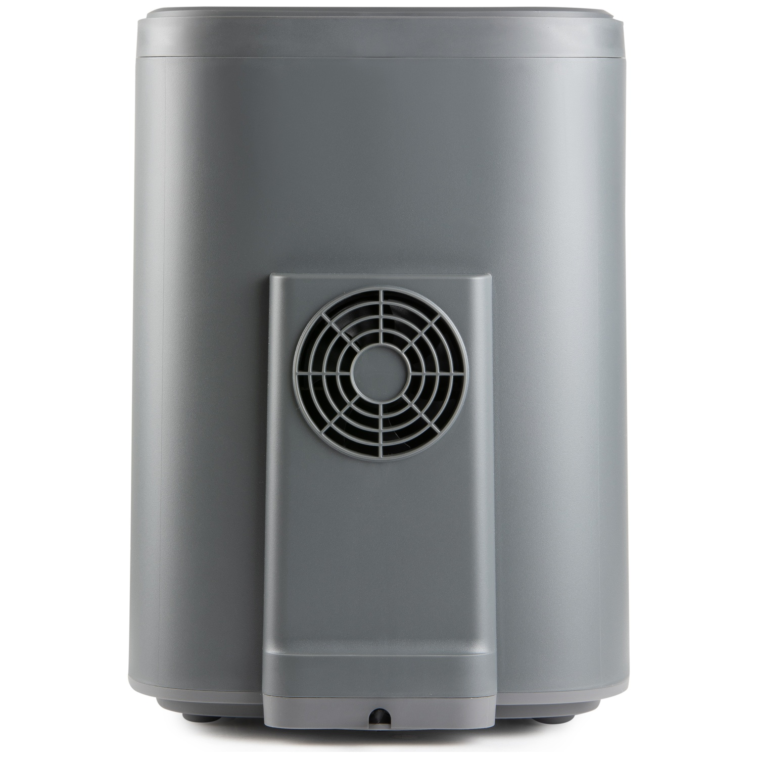 Un appareil cylindrique gris avec un ventilateur à l'arrière. Il est posé sur un fond blanc.