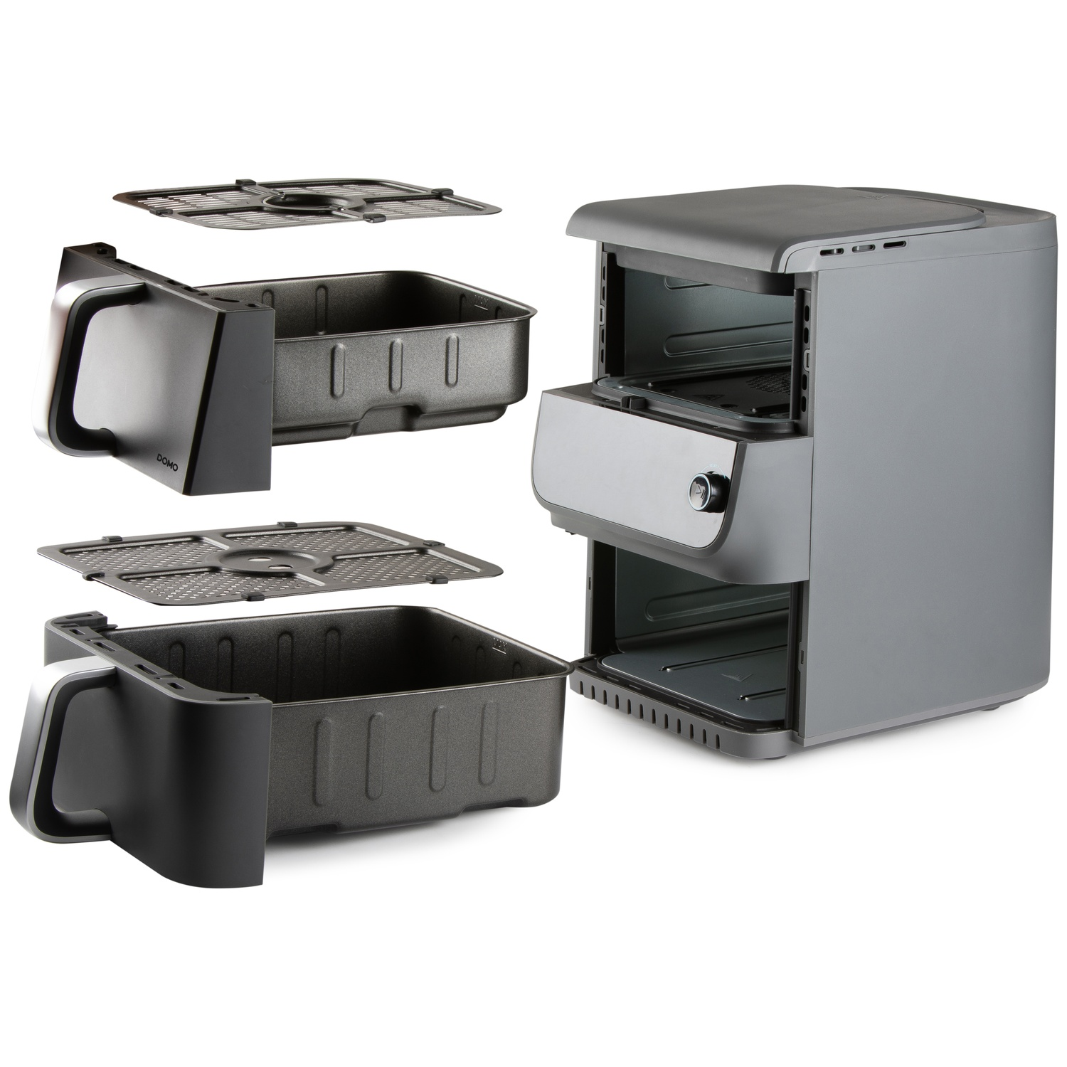 Vue éclatée d'une friteuse à air grise. Composants : plateaux, paniers et l'unité principale, le tout sur fond blanc.