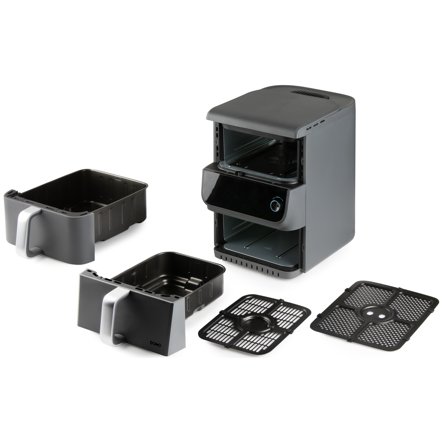 Une friteuse à air avec paniers et plateaux amovibles. L'unité principale est grise, avec des composants de cuisson noirs.
