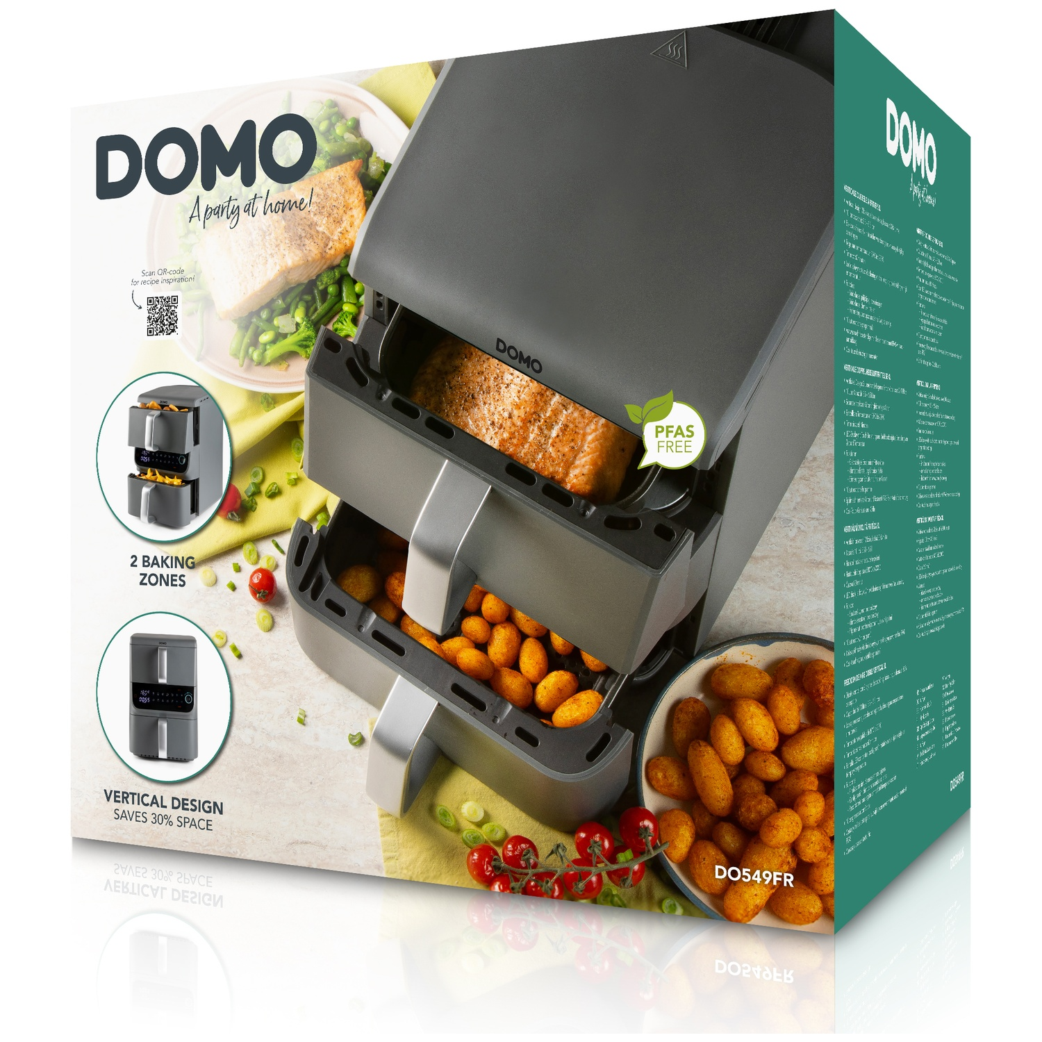 Boîte de friteuse à air DOMO avec de la nourriture à l'intérieur. La boîte a deux zones de cuisson et un design vertical. Il y a une assiette de nourriture sur le côté.