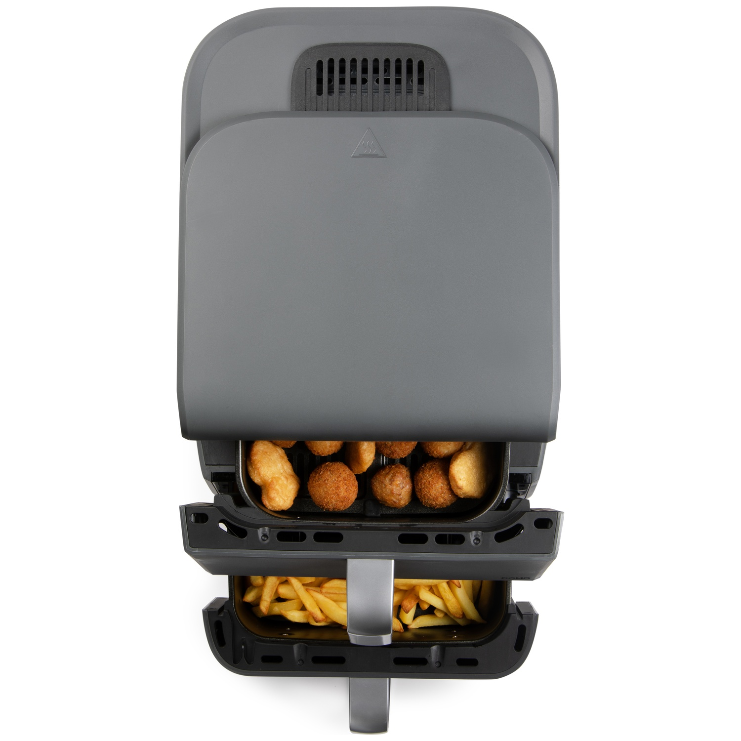 Vue de dessus d'une friteuse à air grise. Le dessus est ouvert, révélant des compartiments alimentaires avec des aliments frits. Des frites et des nuggets sont visibles.