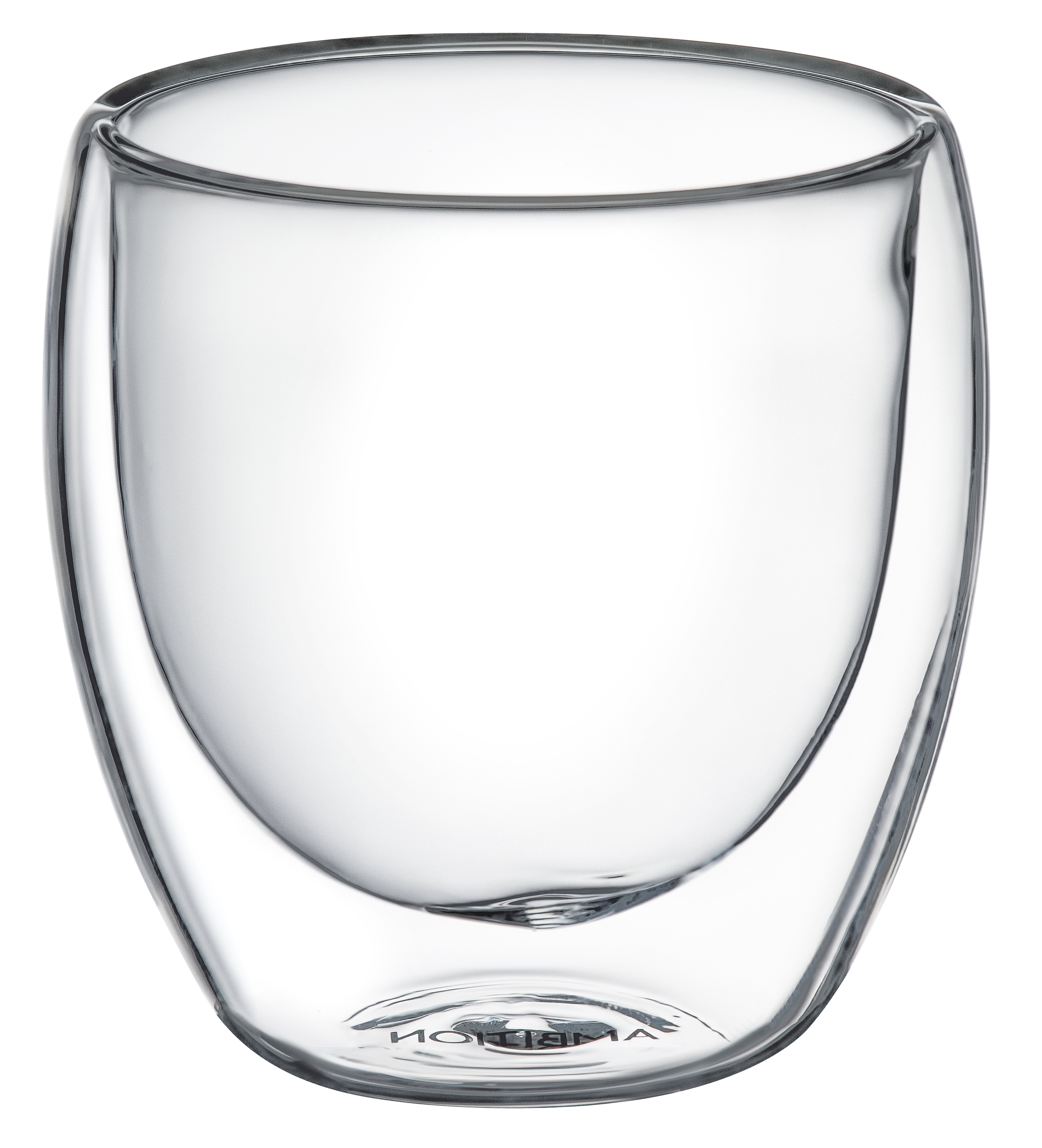 Przezroczysty, podwójny szklany kubek. Kubek jest pusty. Ma zaokrąglony kształt, szerszy u góry i węższy u dołu.