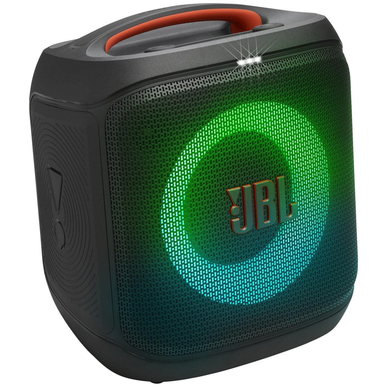 Black JBL speaker with orange handle and green/blue glowing circle. JBL logo is visible. The speaker is on a white background.