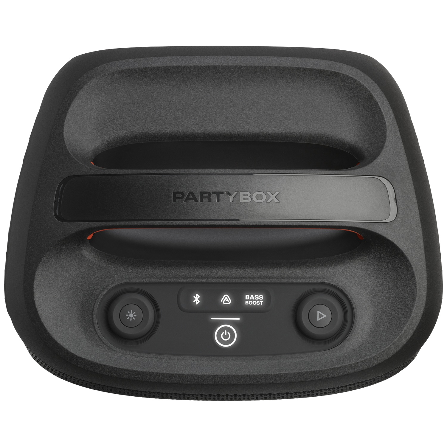 Black PartyBox speaker. It has buttons for power, bass boost, and light control. A handle is on the top.